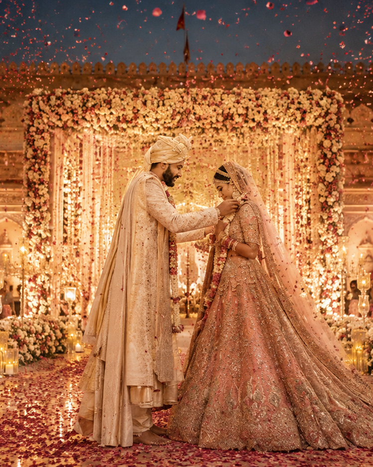 Man in traditional white embroidered Sherwani outfit standing in front of a historic building | Wedding Collection by Aditya Bhardwaj
