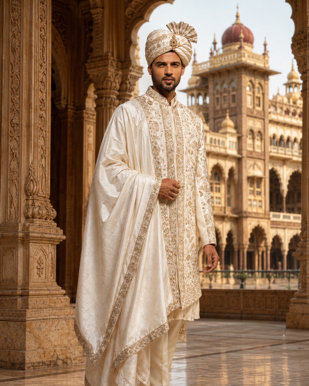 Man in traditional white embroidered Sherwani outfit standing in front of a historic building | Wedding Collection by Aditya Bhardwaj