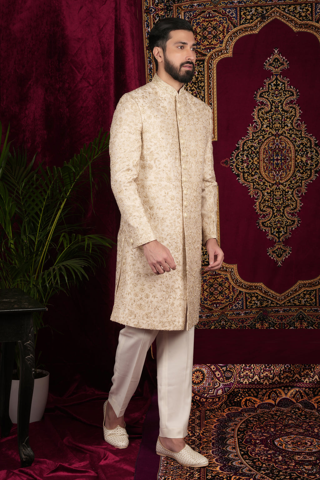 Beige Gold Hand Embroidered Sherwani Set
