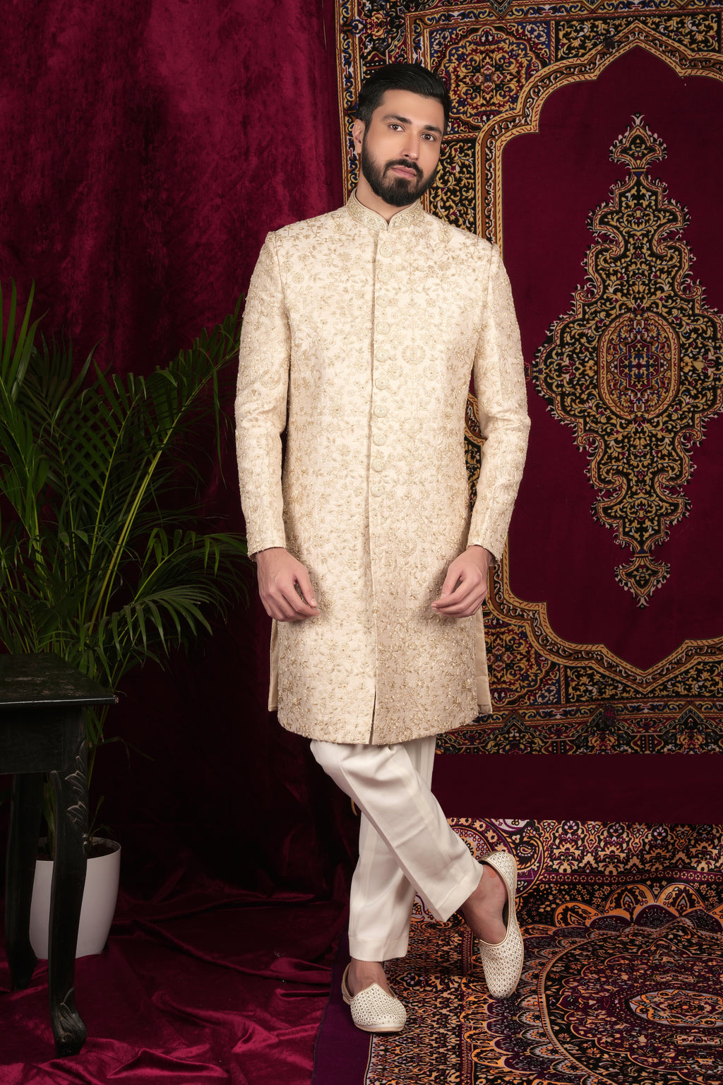 Beige Gold Hand Embroidered Sherwani Set