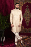 Beige Gold Hand Embroidered Sherwani Set