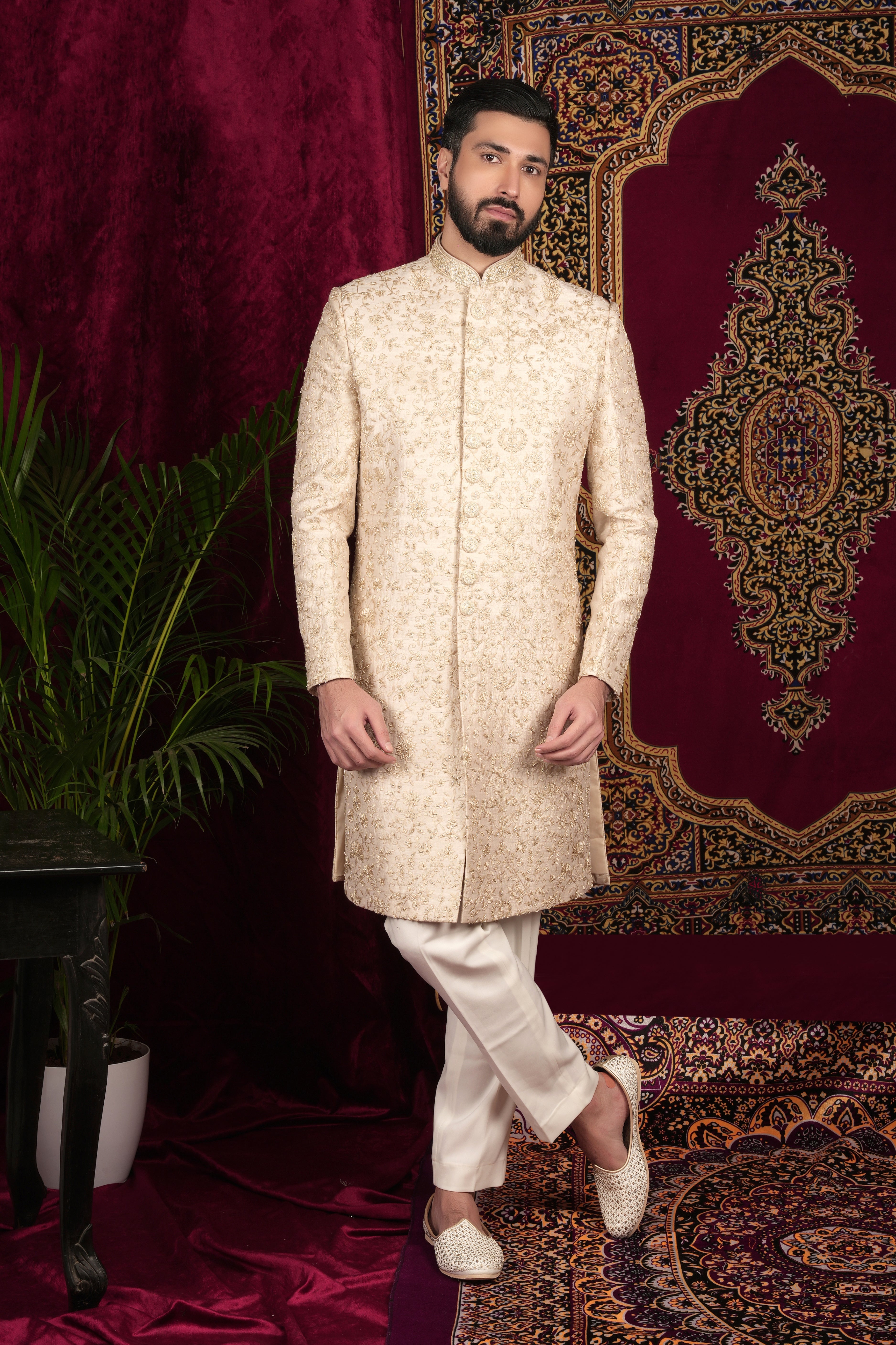 Beige Gold Hand Embroidered Sherwani Set