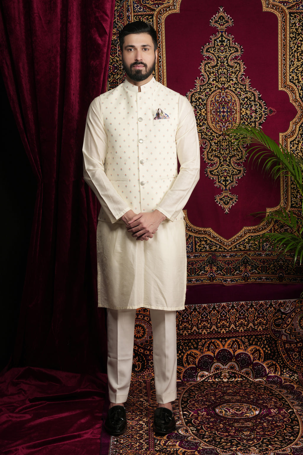 Creme Printed Kurta Bandi Set