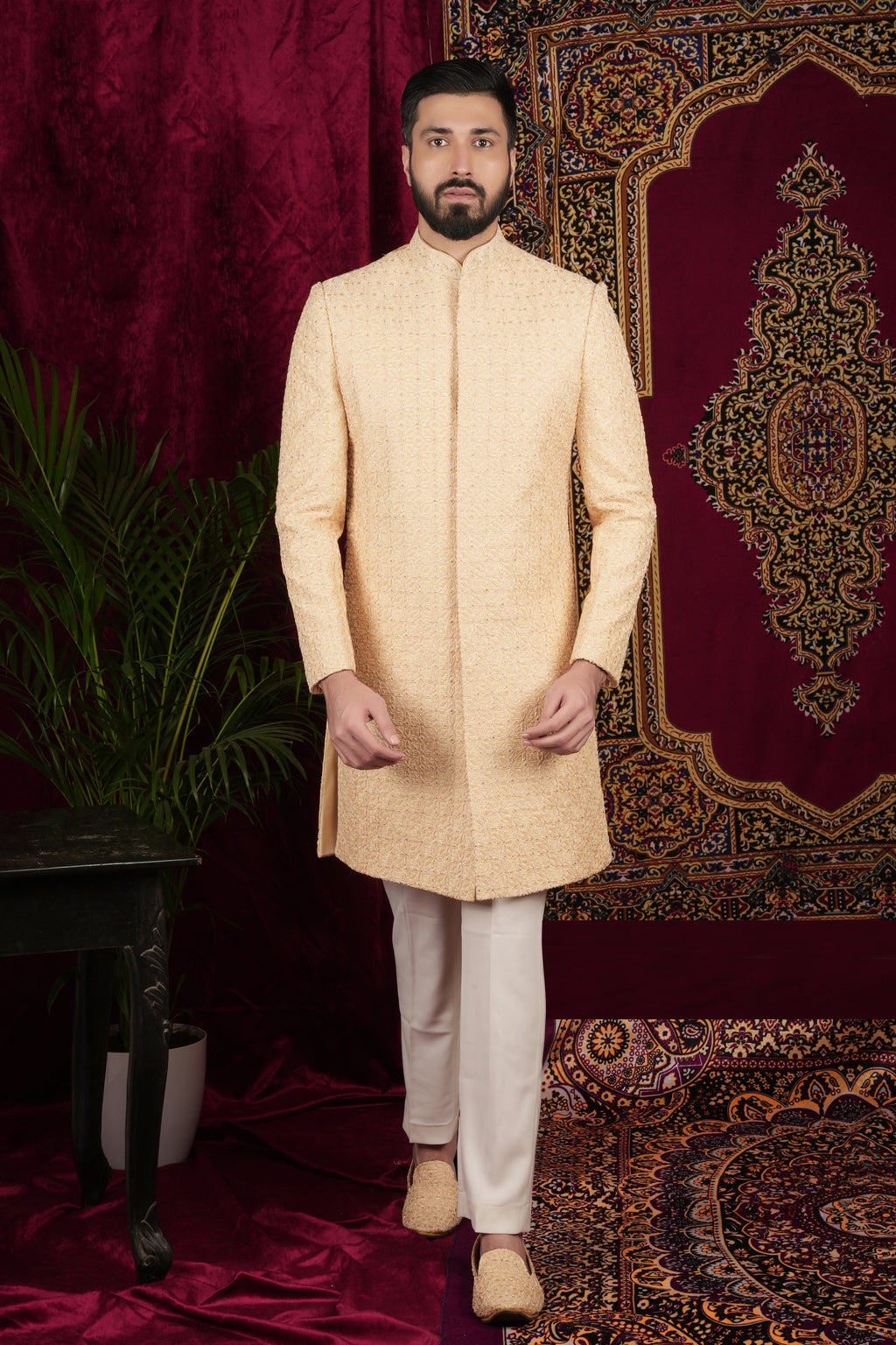 Pale Gold Embroidered Bandgala Set