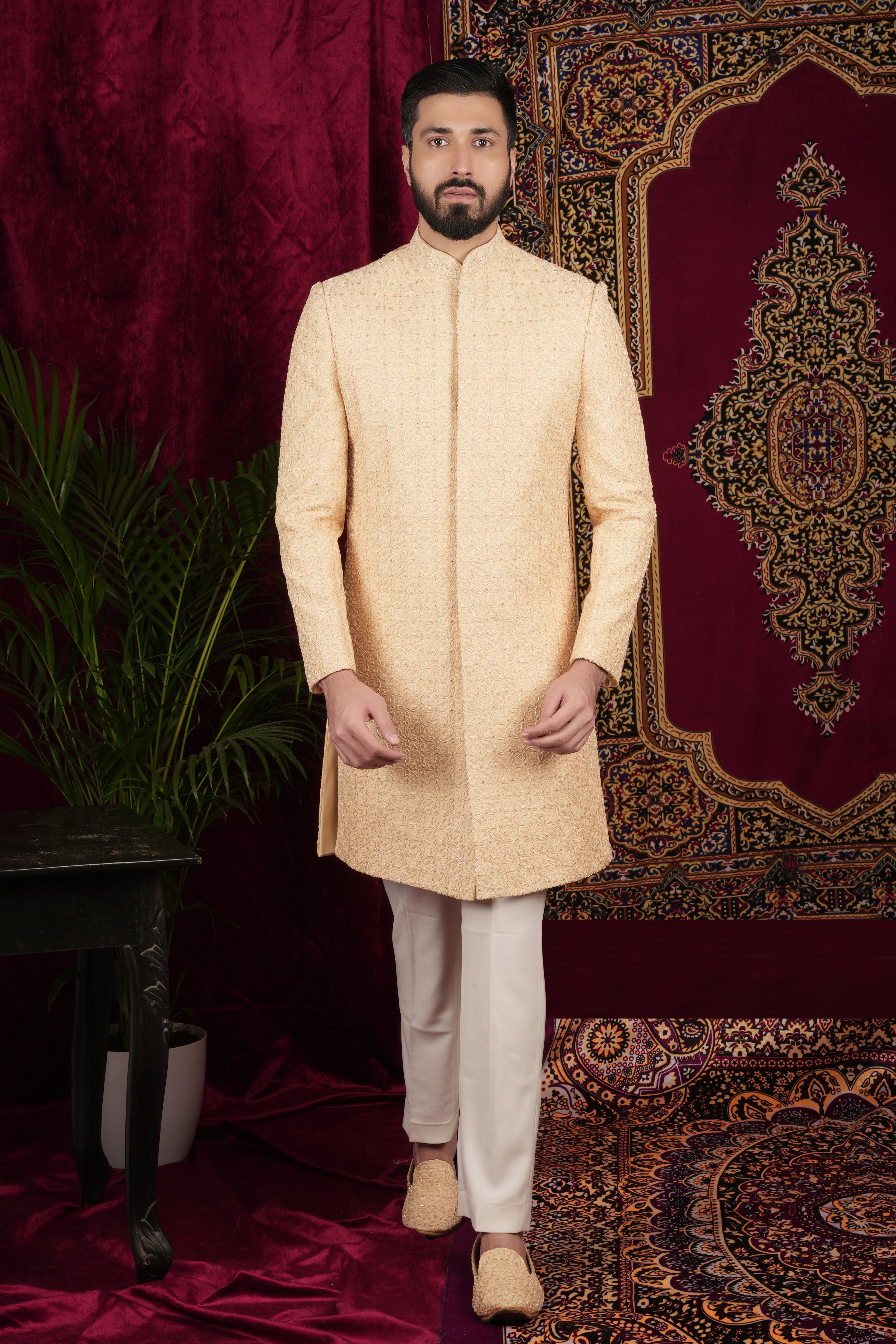 Pale Gold Embroidered Bandgala Set
