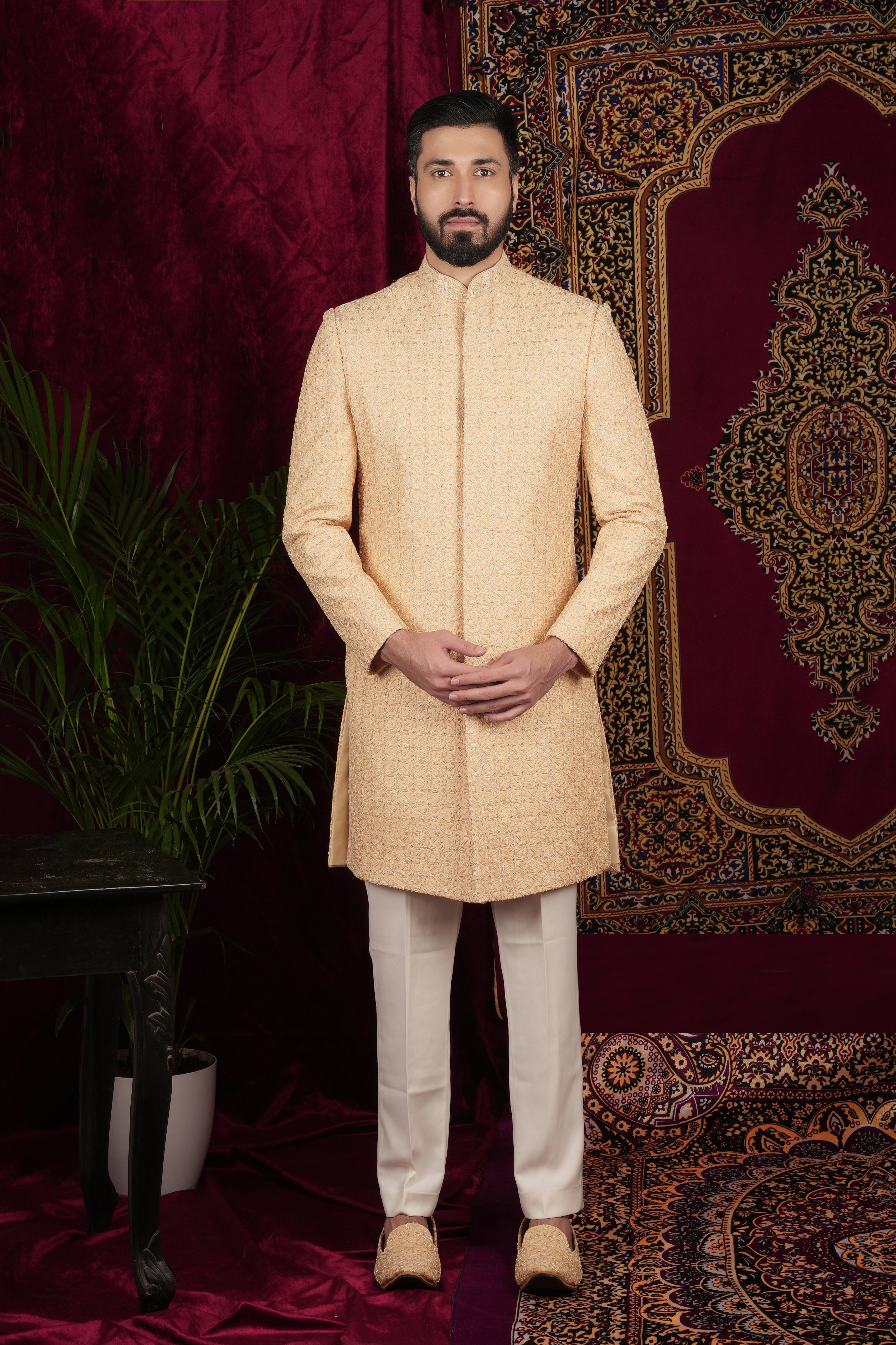 Pale Gold Embroidered Bandgala Set