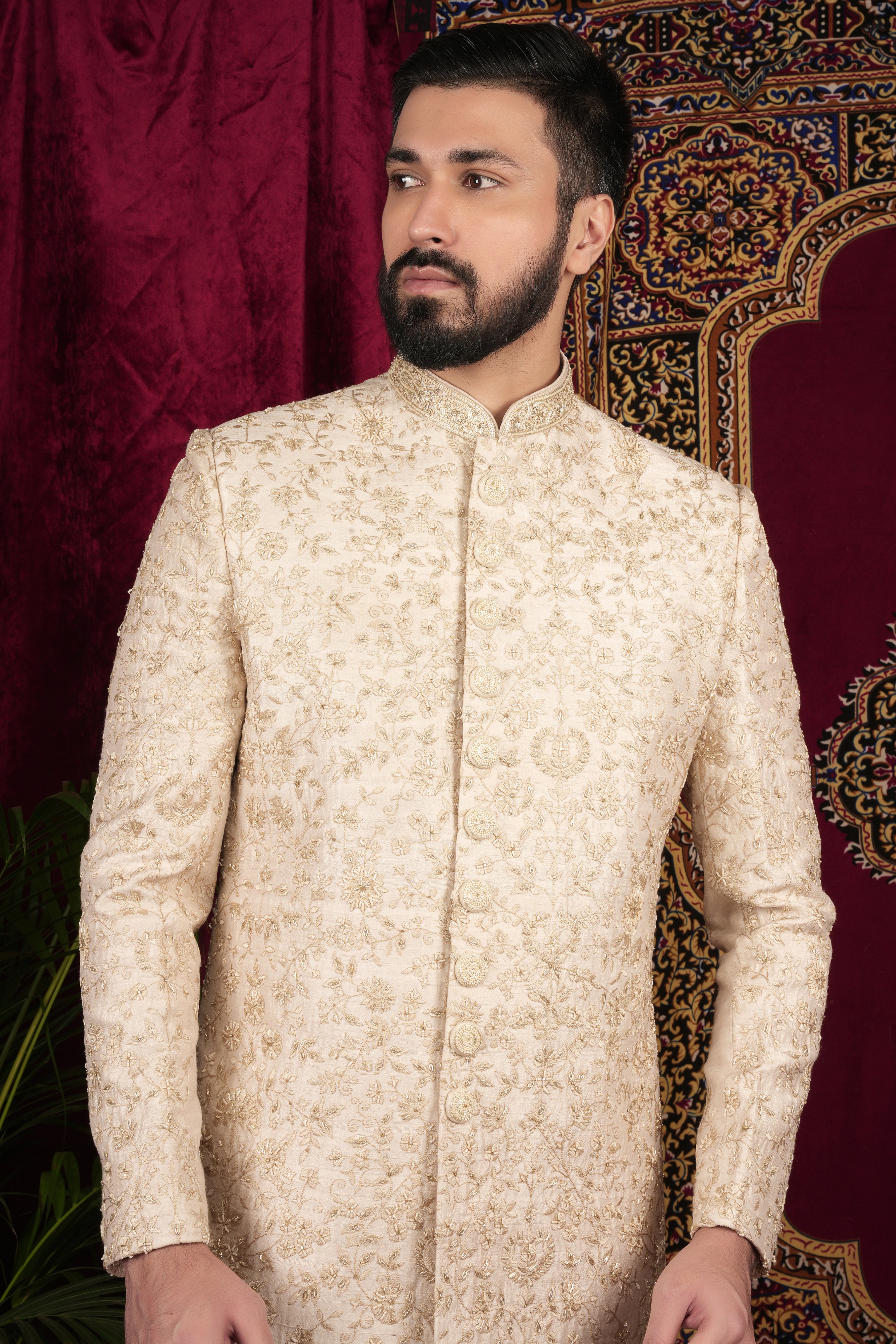 Beige Gold Hand Embroidered Sherwani Set