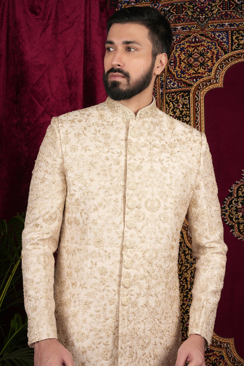 Beige Gold Hand Embroidered Sherwani Set