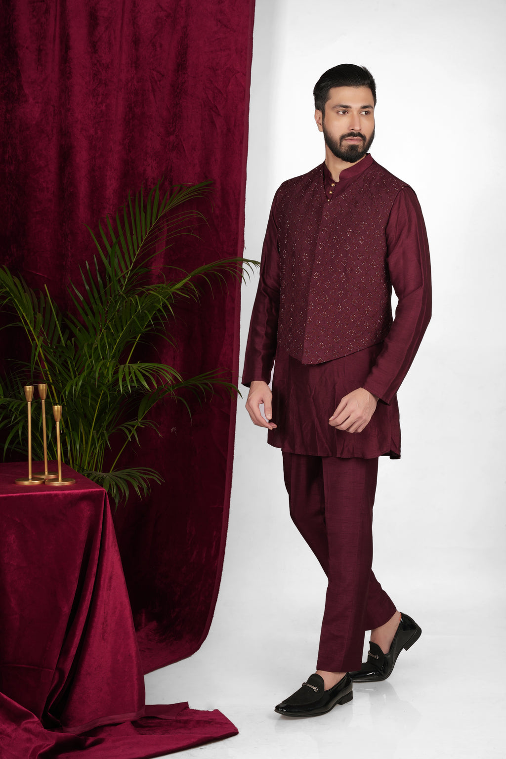 Wine Red Silk Hand Embroidered Indo Western Set
