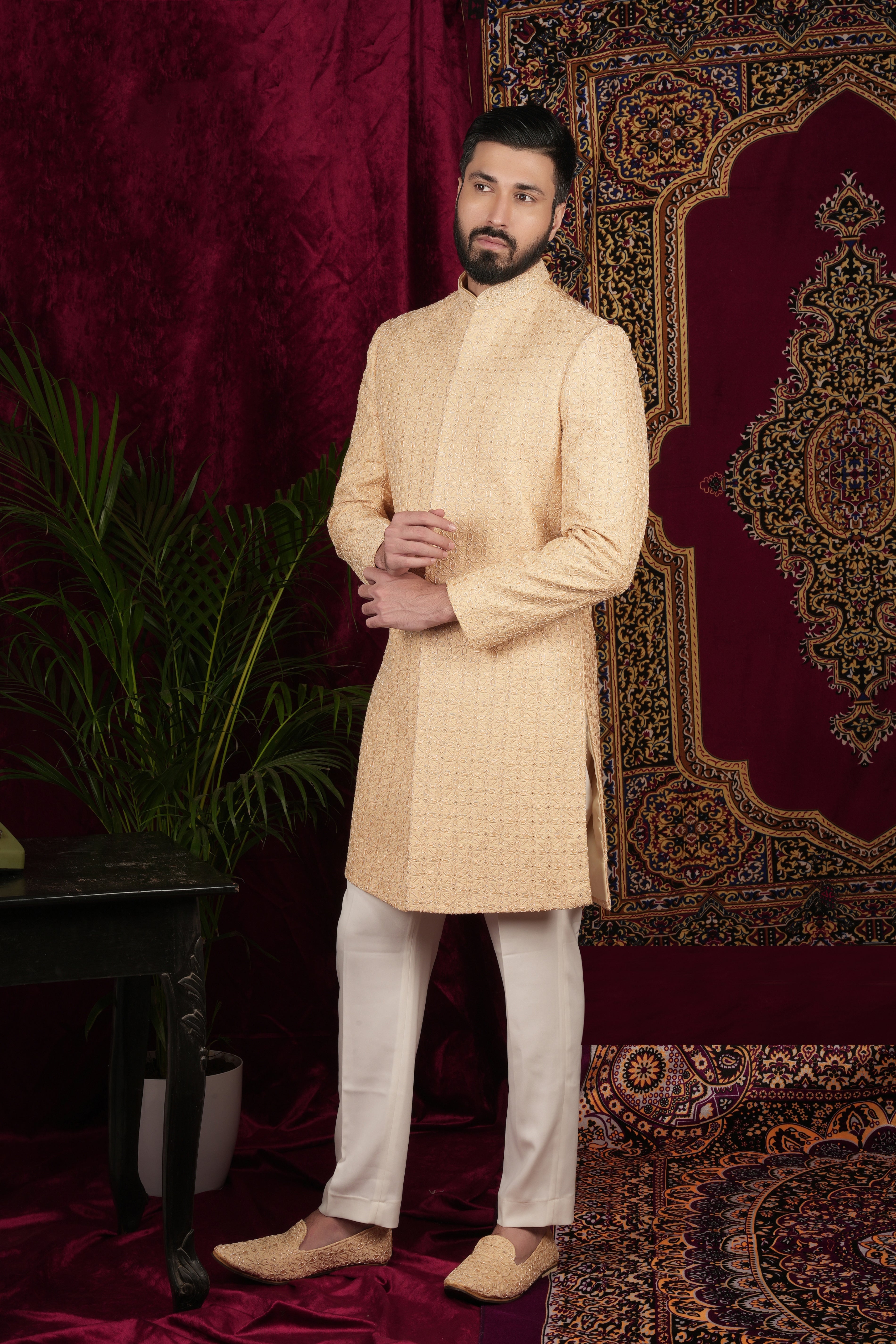 Pale Gold Embroidered Bandgala Set