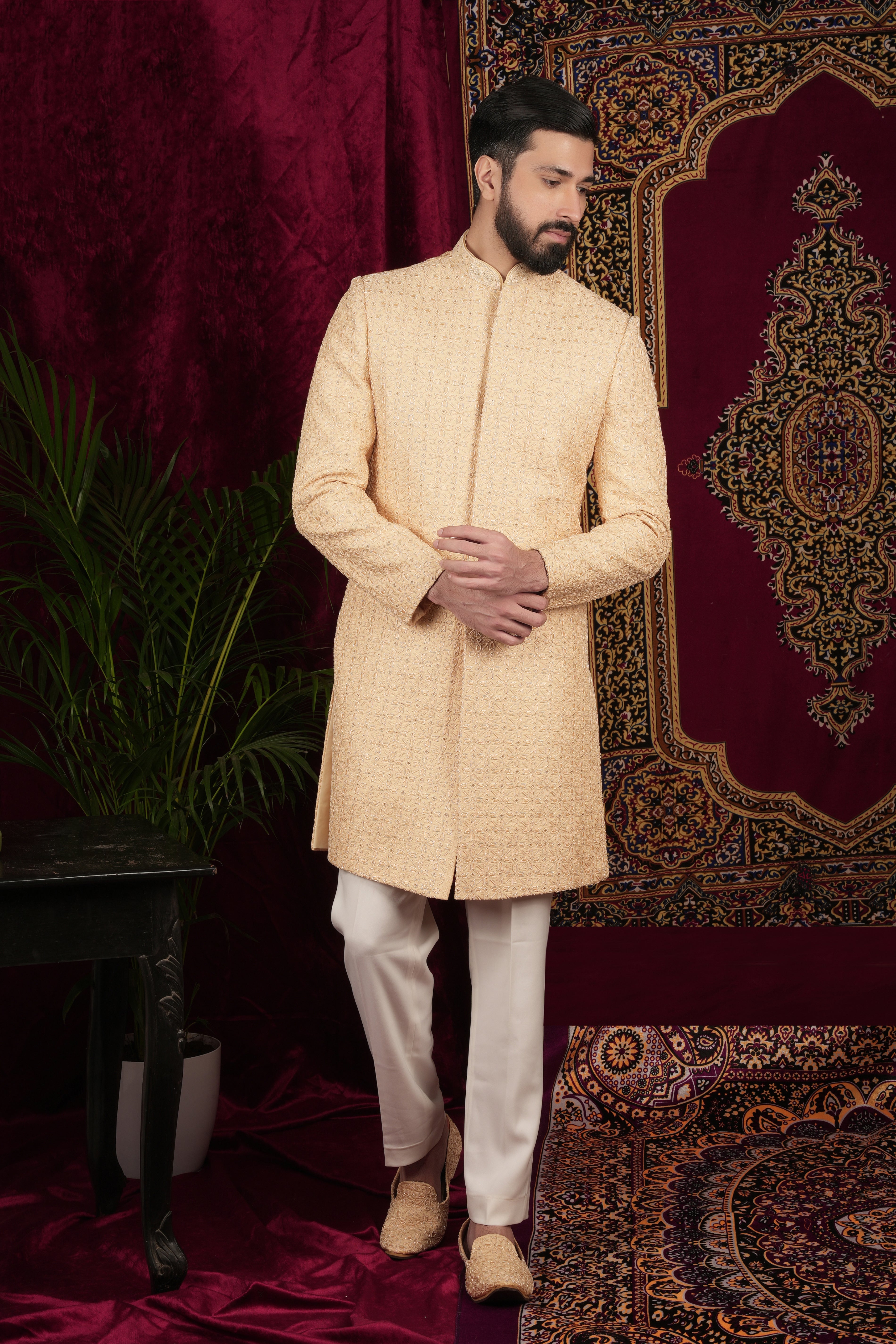 Pale Gold Embroidered Bandgala Set