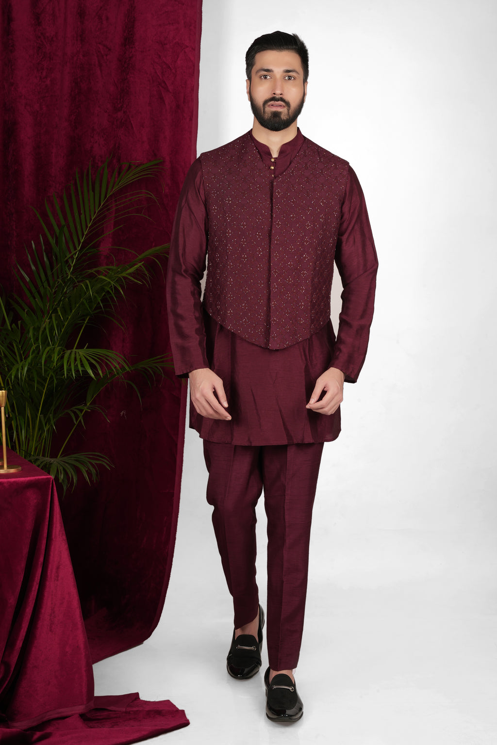 Wine Red Silk Hand Embroidered Indo Western Set