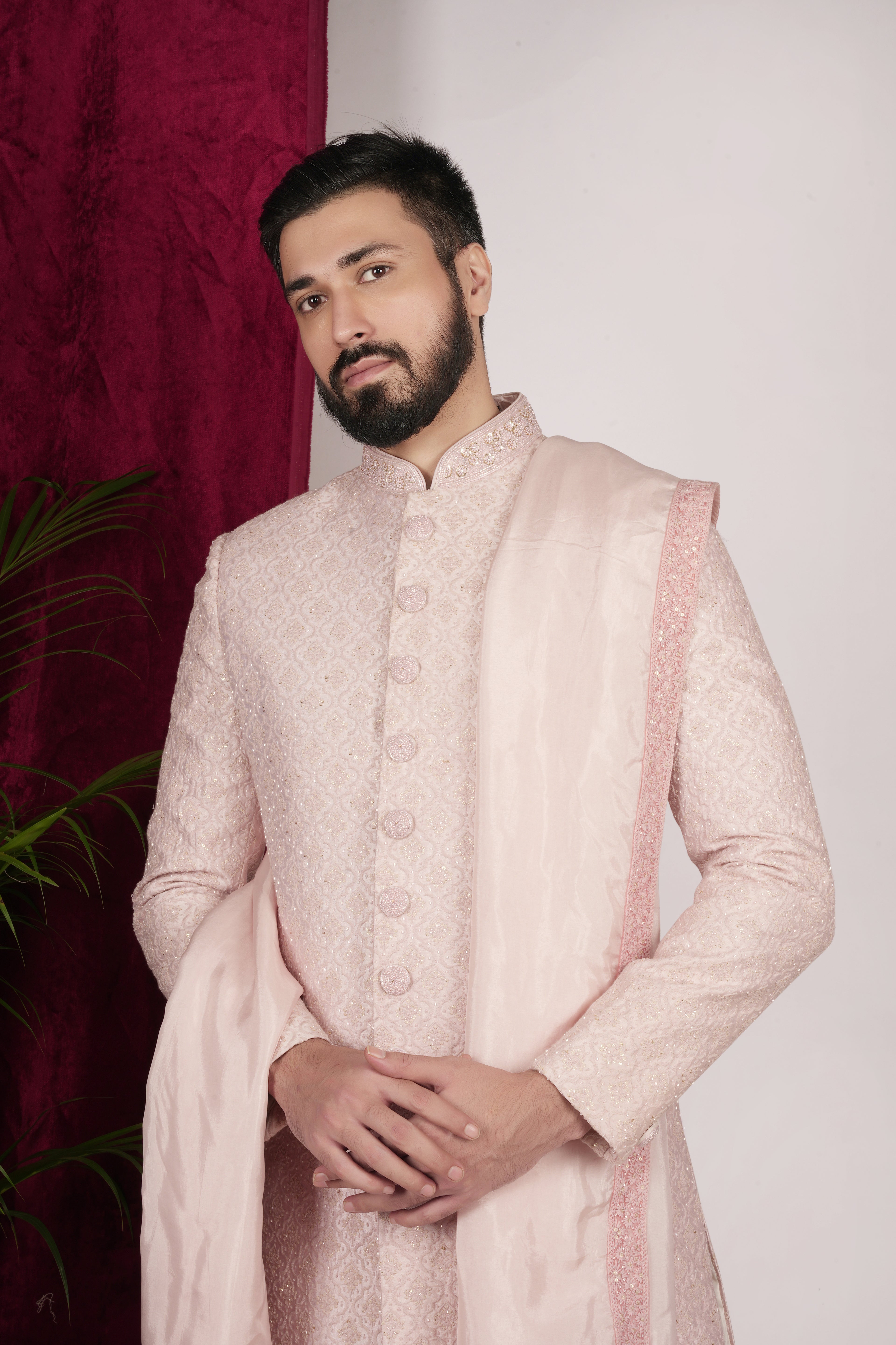 Blush Pink Motif Sequence Embroidered Sherwani Set