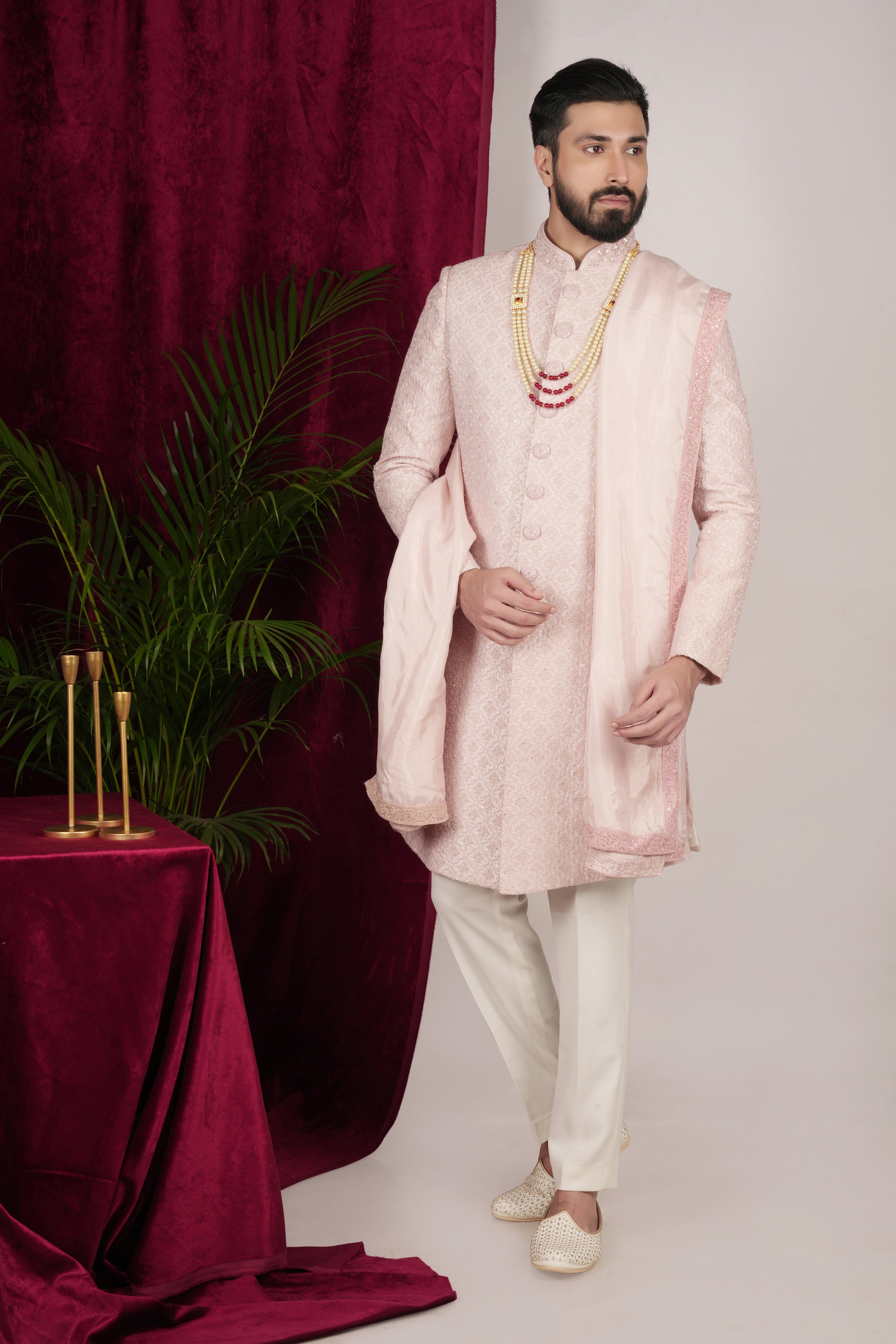Blush Pink Motif Sequence Embroidered Sherwani Set