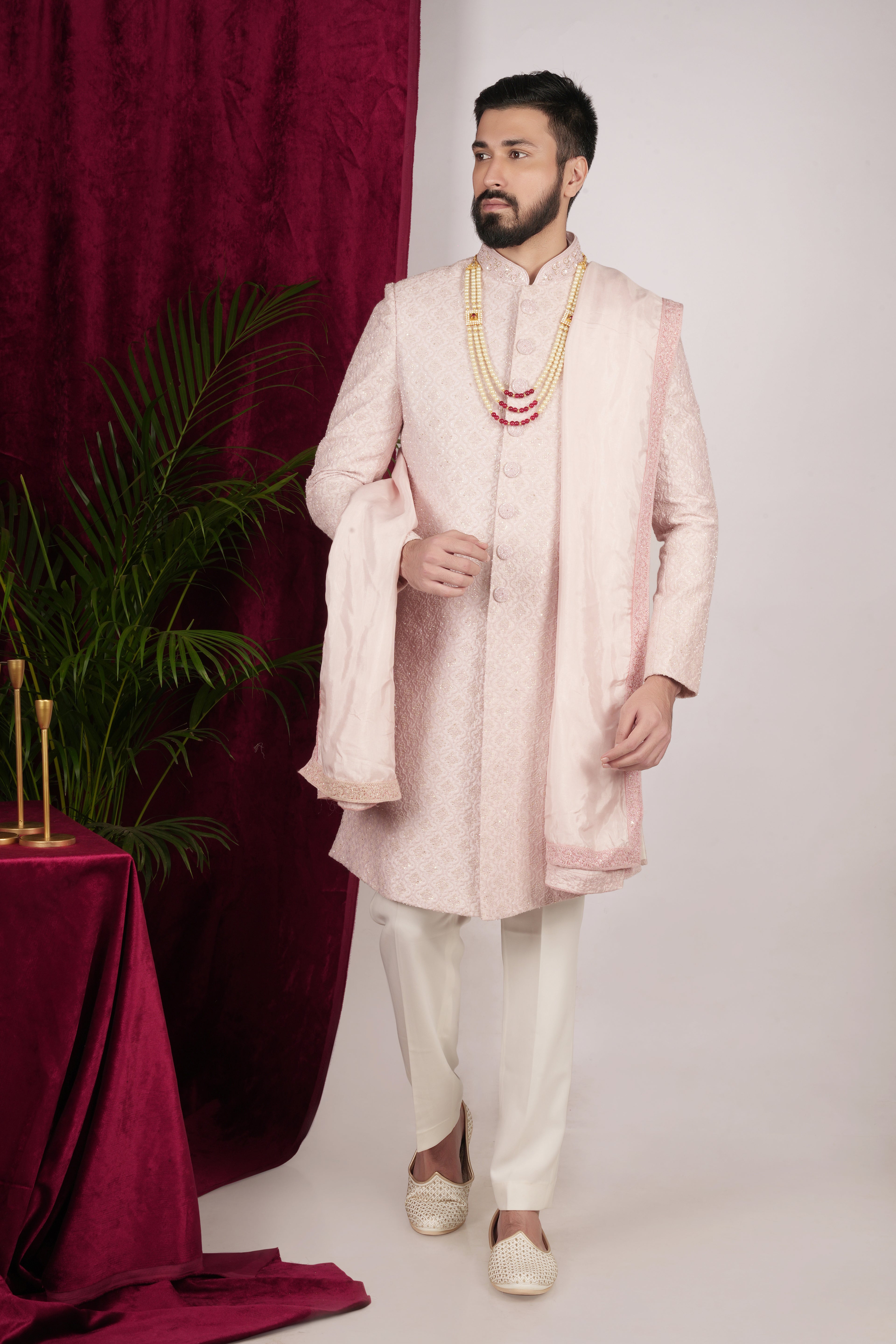 Blush Pink Motif Sequence Embroidered Sherwani Set