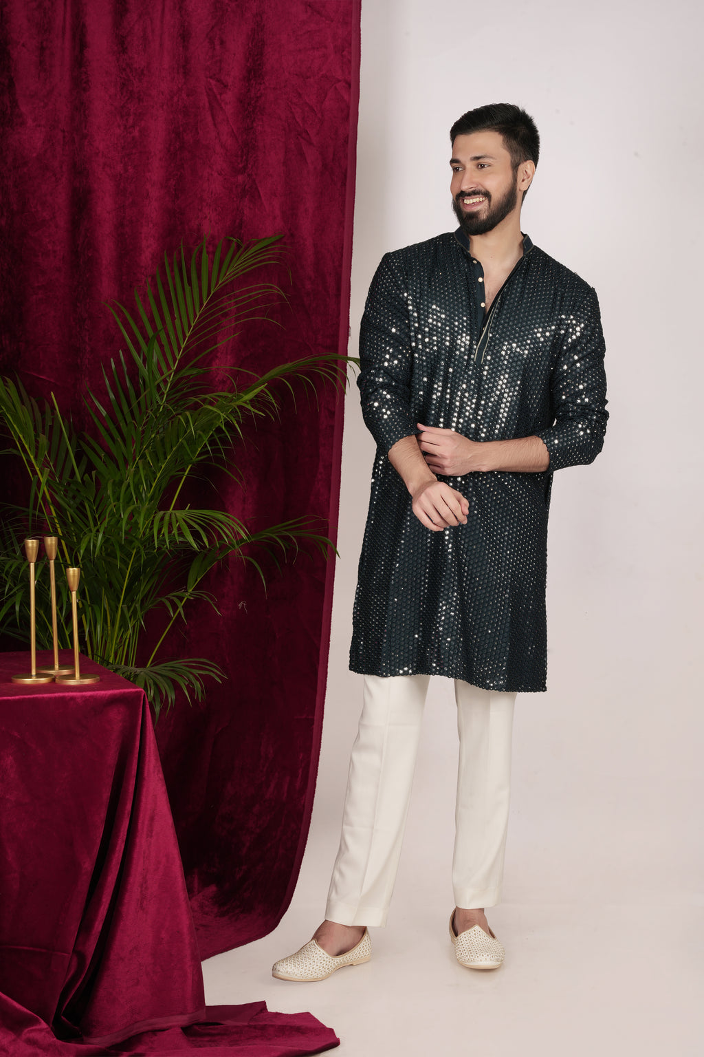 Teal Green Faux Silk Mirror Embroidered Kurta Set