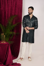 Teal Green Faux Silk Mirror Embroidered Kurta Set