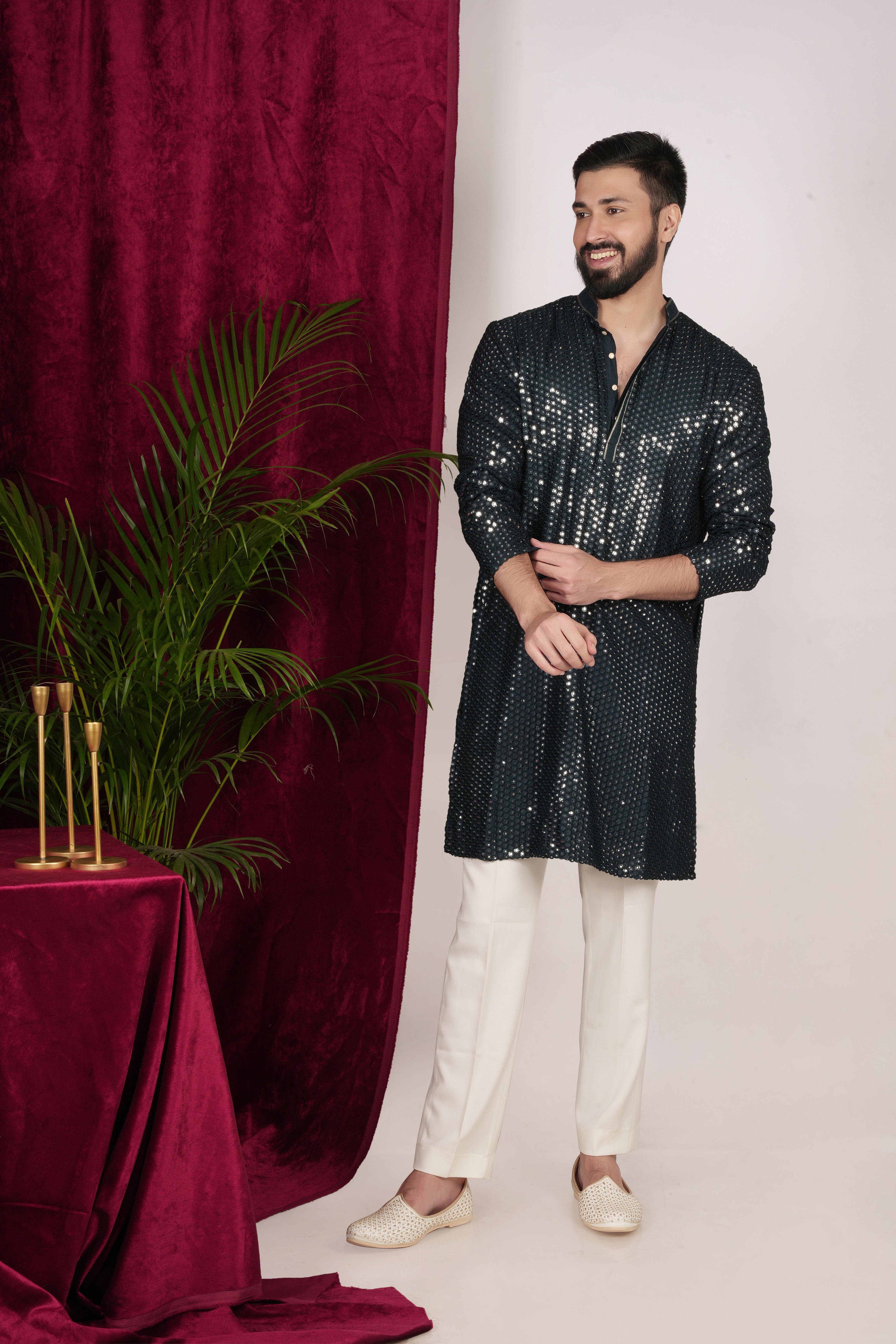 Teal Green Faux Silk Mirror Embroidered Kurta Set