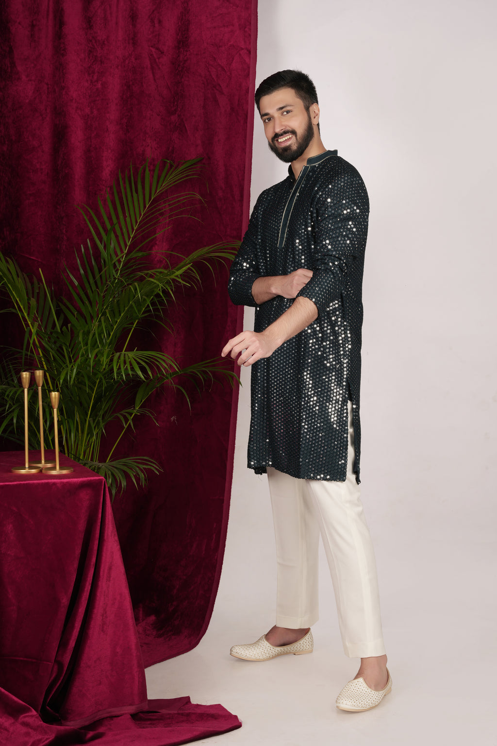 Teal Green Faux Silk Mirror Embroidered Kurta Set