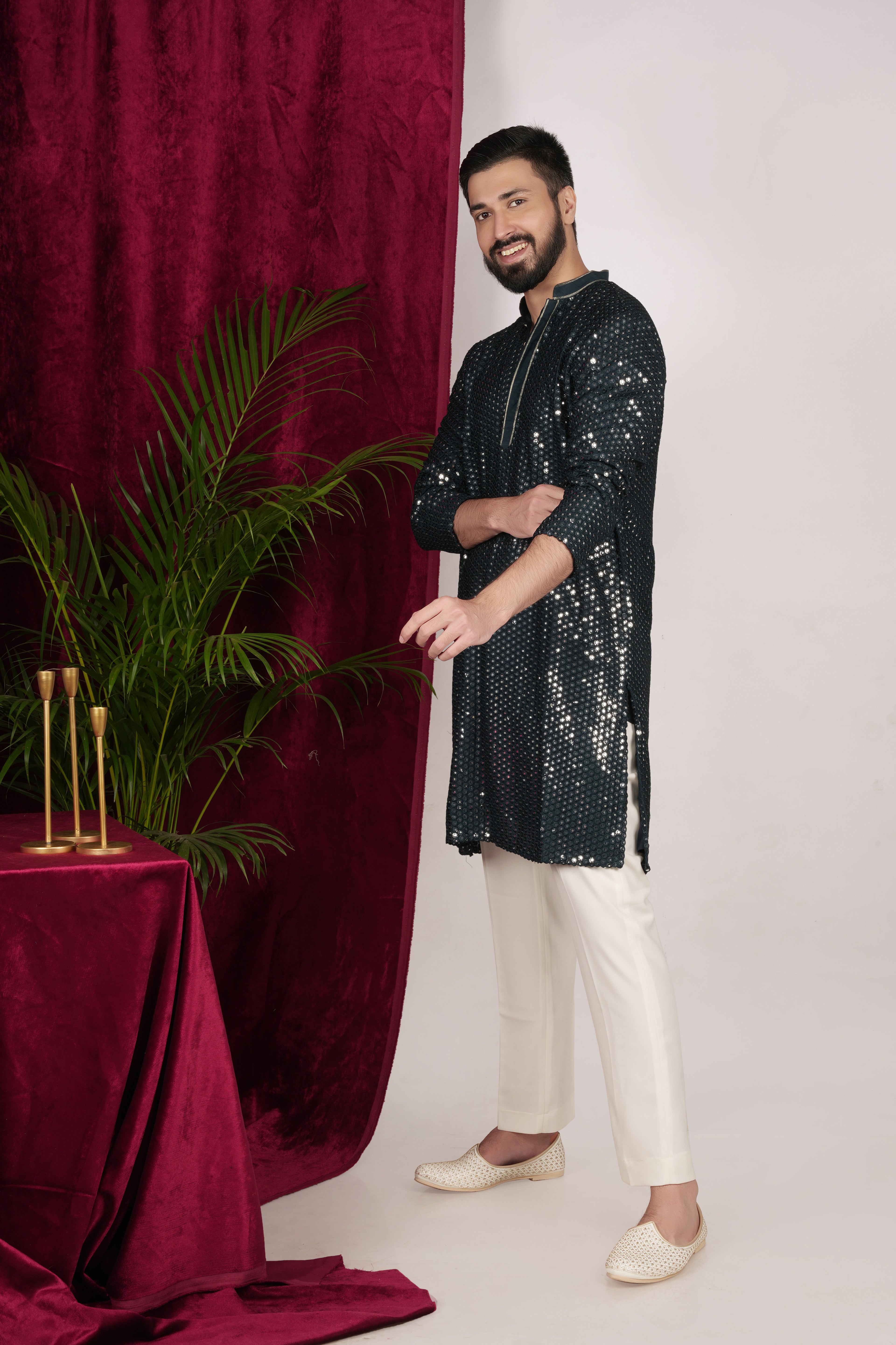 Teal Green Faux Silk Mirror Embroidered Kurta Set