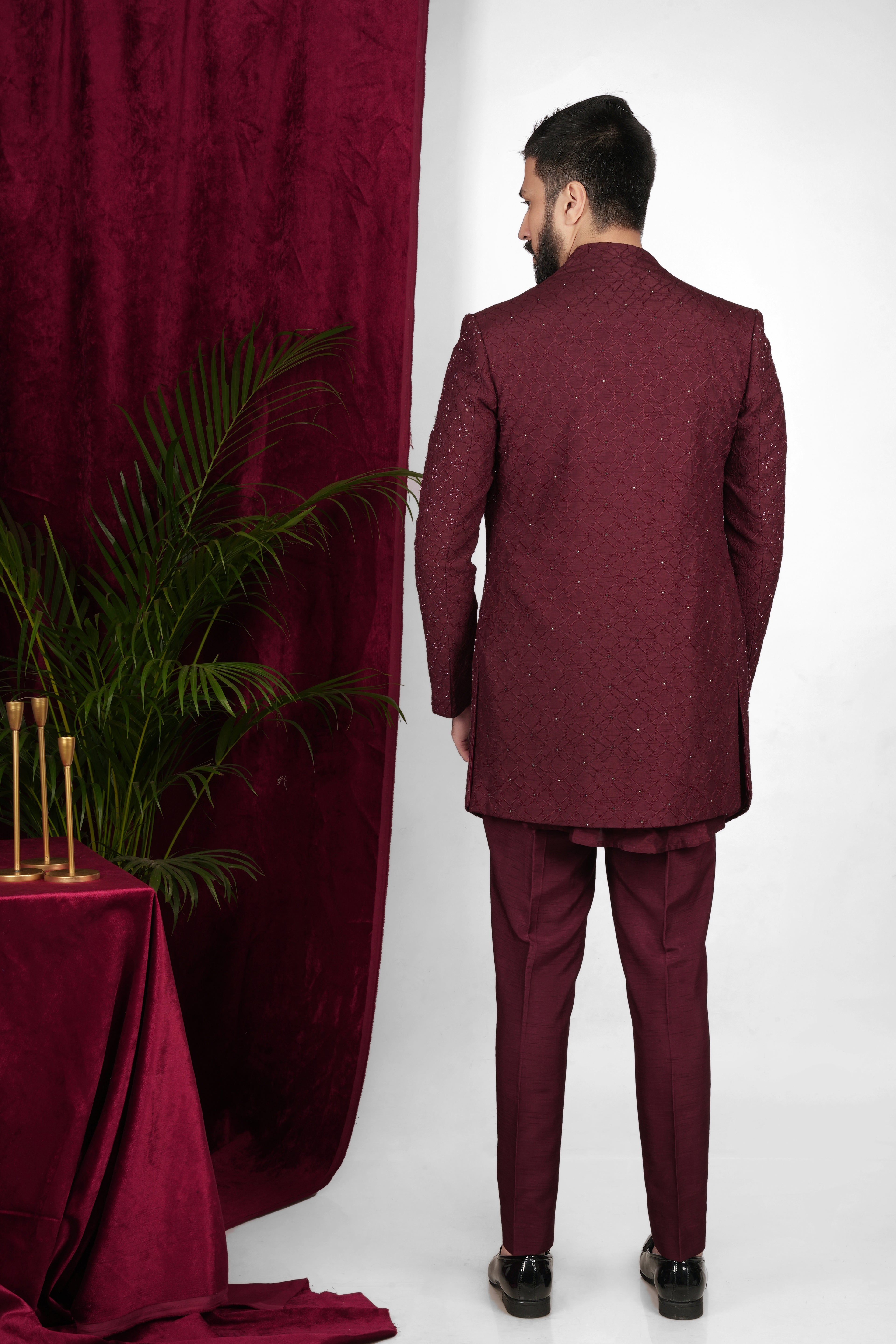 Wine Red Silk Hand Embroidered Indo Western Set