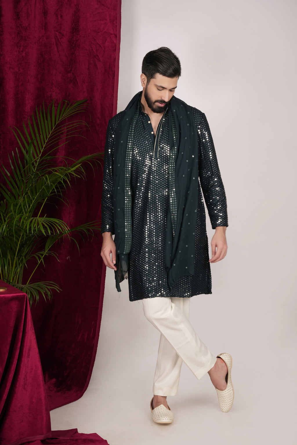 Teal Green Faux Silk Mirror Embroidered Kurta Set