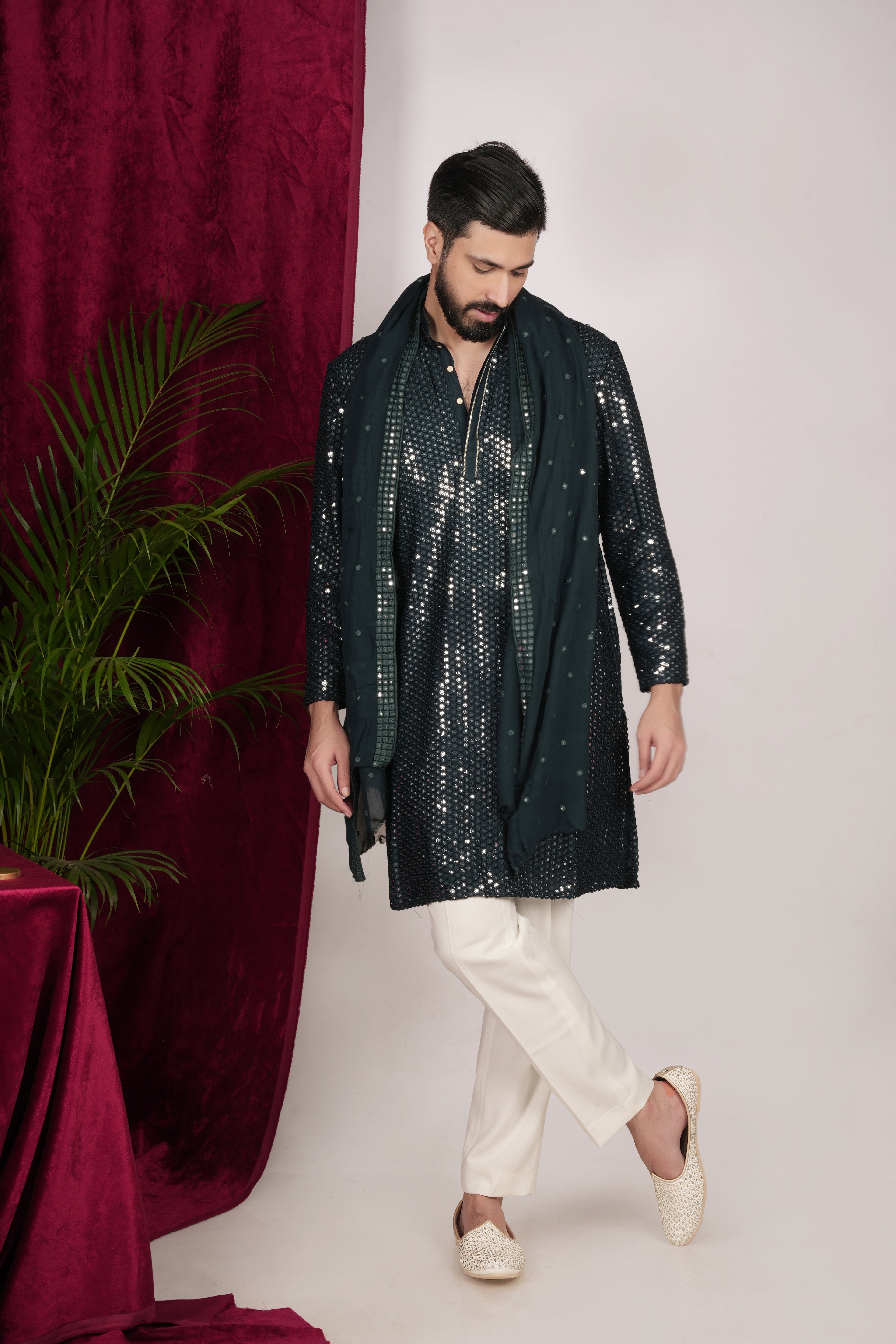 Teal Green Faux Silk Mirror Embroidered Kurta Set