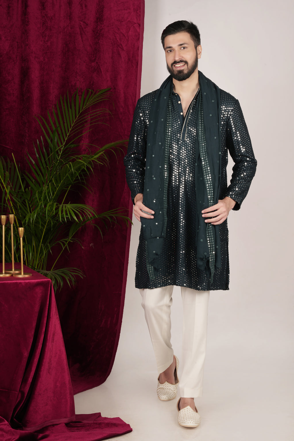 Teal Green Faux Silk Mirror Embroidered Kurta Set