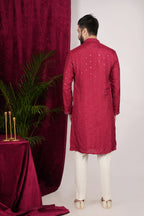 Red Silk Hand Embroidered Kurta Set