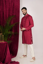 Red Silk Hand Embroidered Kurta Set