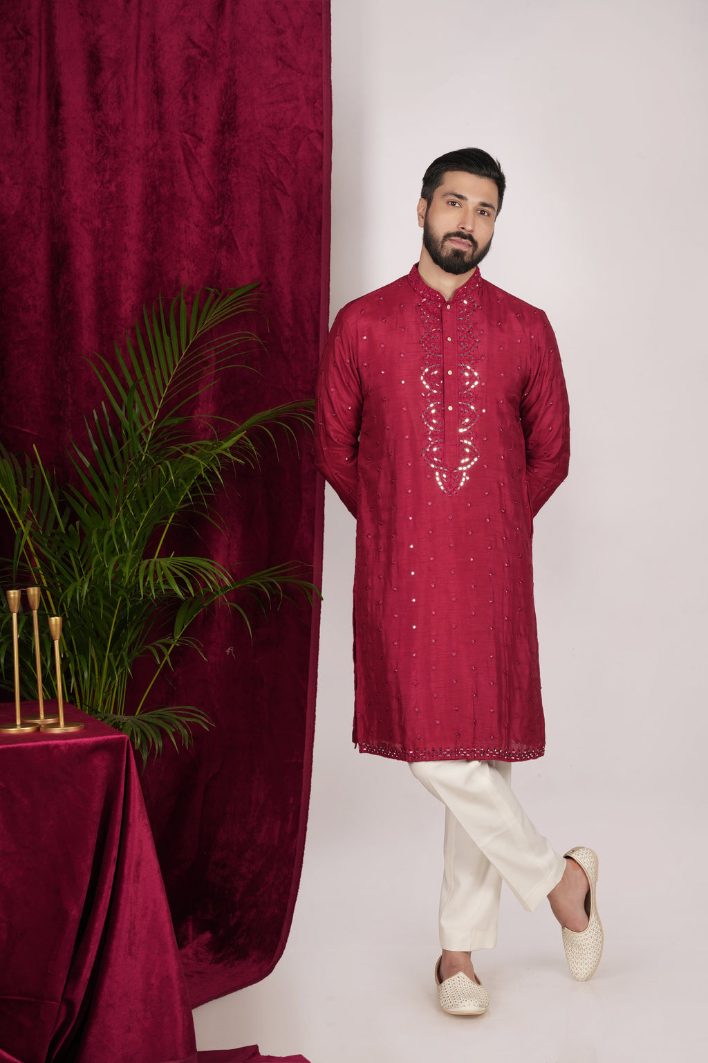 Red Silk Hand Embroidered Kurta Set