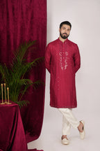 Red Silk Hand Embroidered Kurta Set