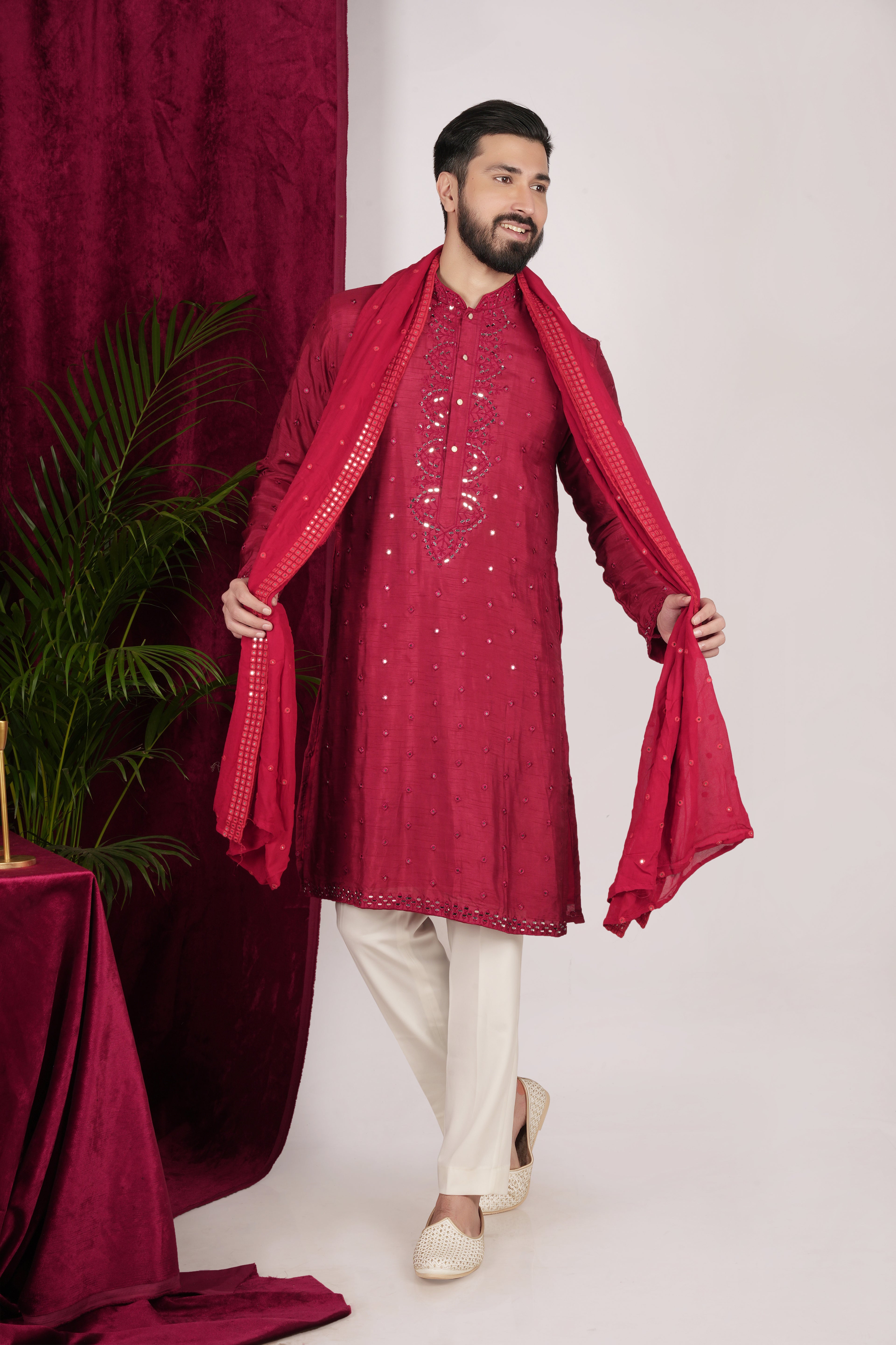 Red Silk Hand Embroidered Kurta Set