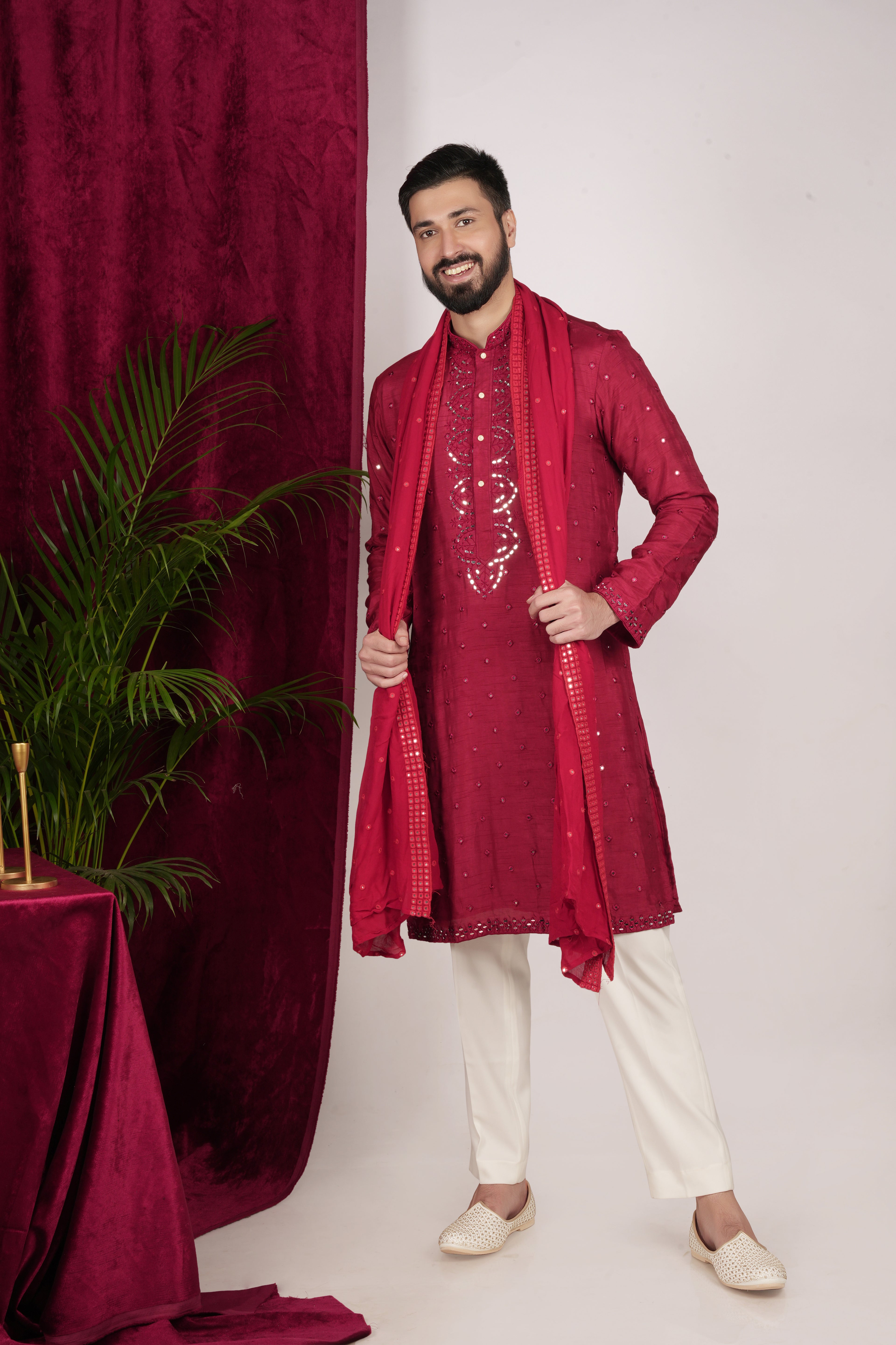 Red Silk Hand Embroidered Kurta Set