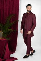 Wine Red Silk Hand Embroidered Indo Western Set