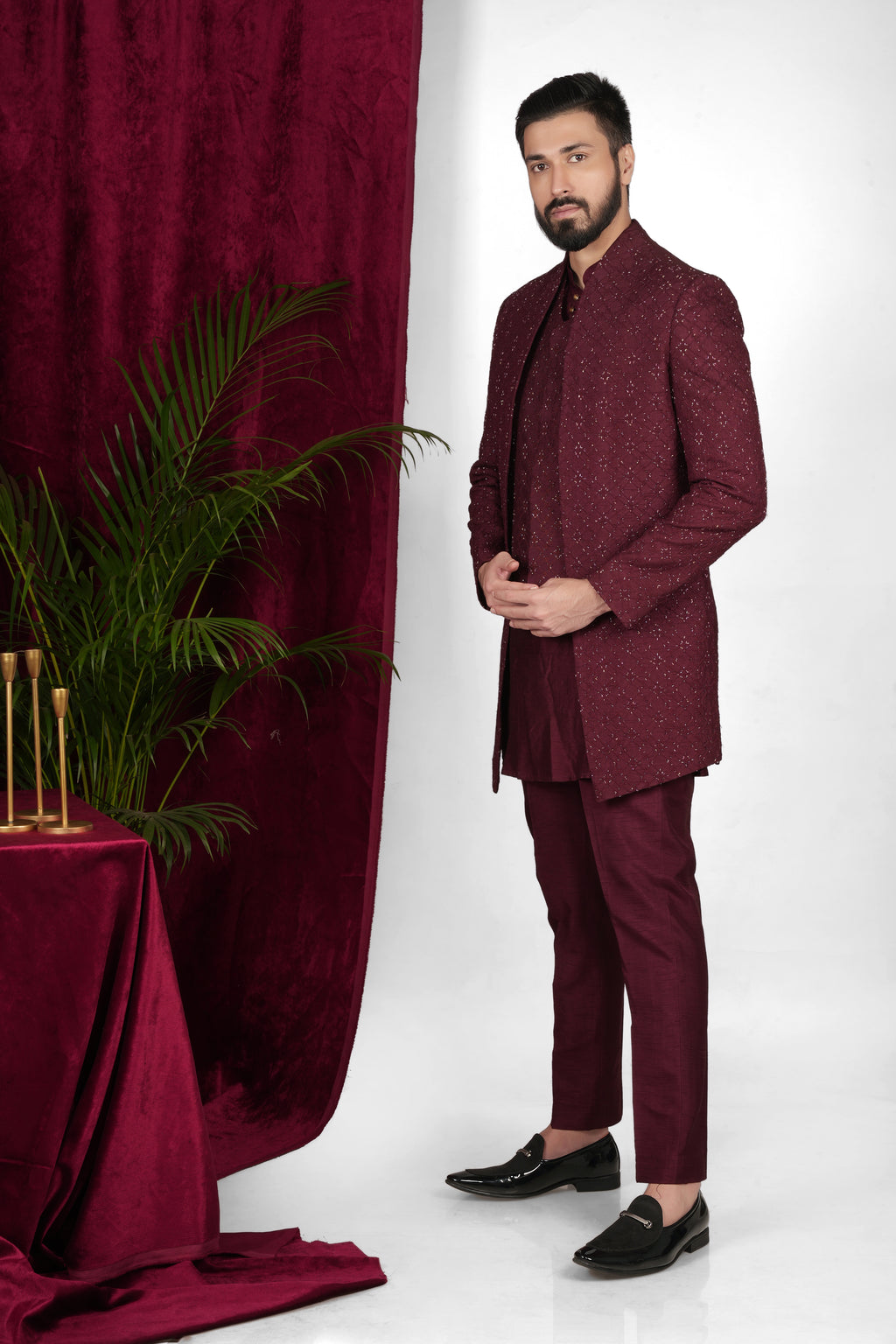 Wine Red Silk Hand Embroidered Indo Western Set