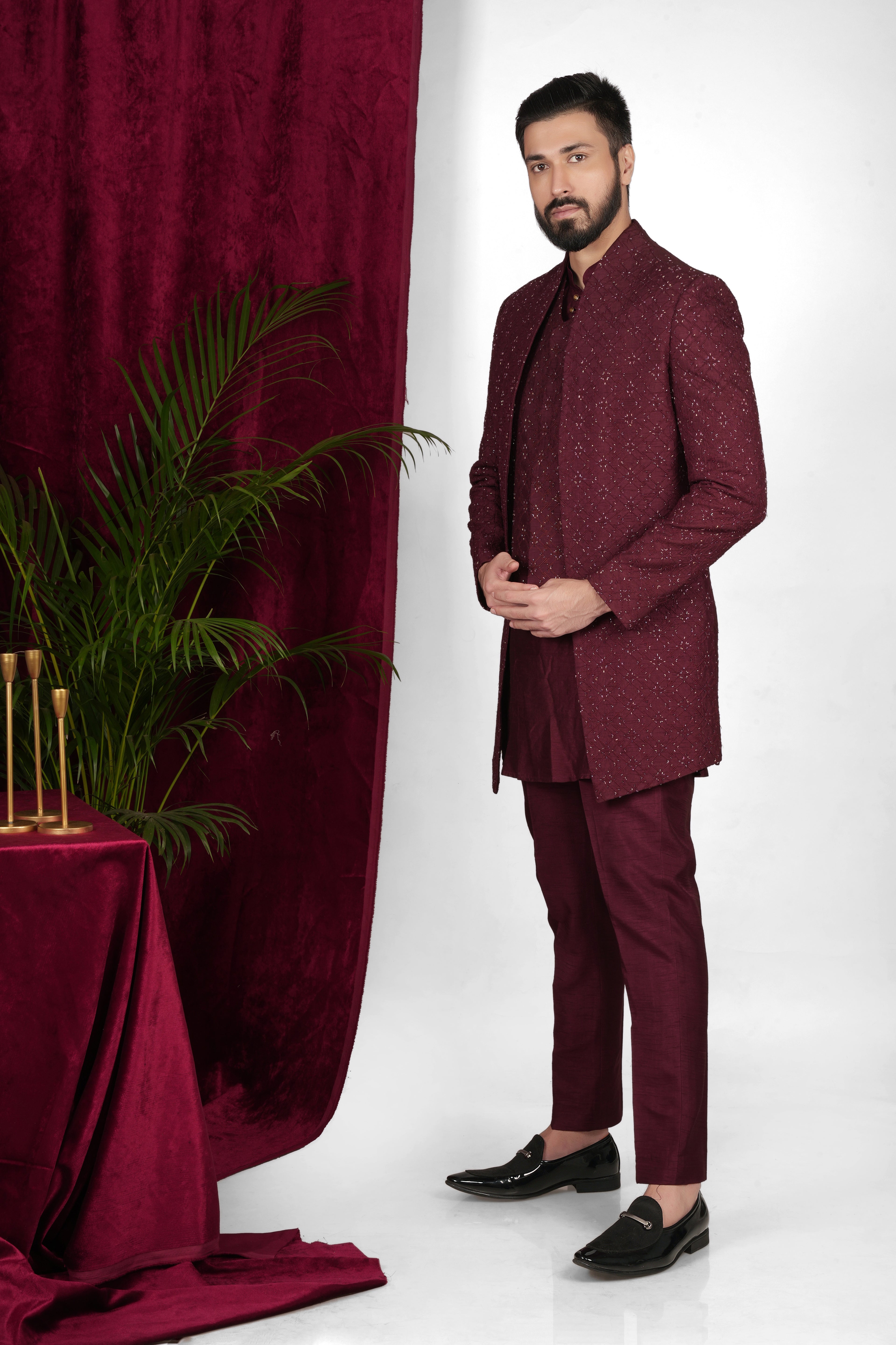 Wine Red Silk Hand Embroidered Indo Western Set