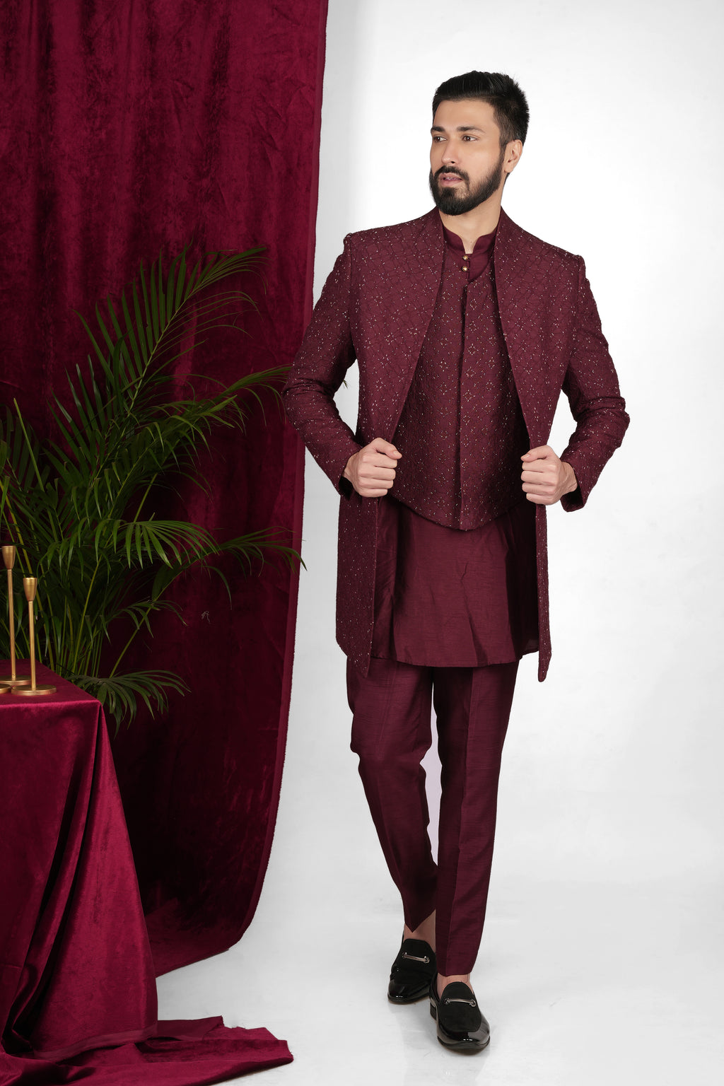 Wine Red Silk Hand Embroidered Indo Western Set