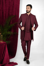 Wine Red Silk Hand Embroidered Indo Western Set