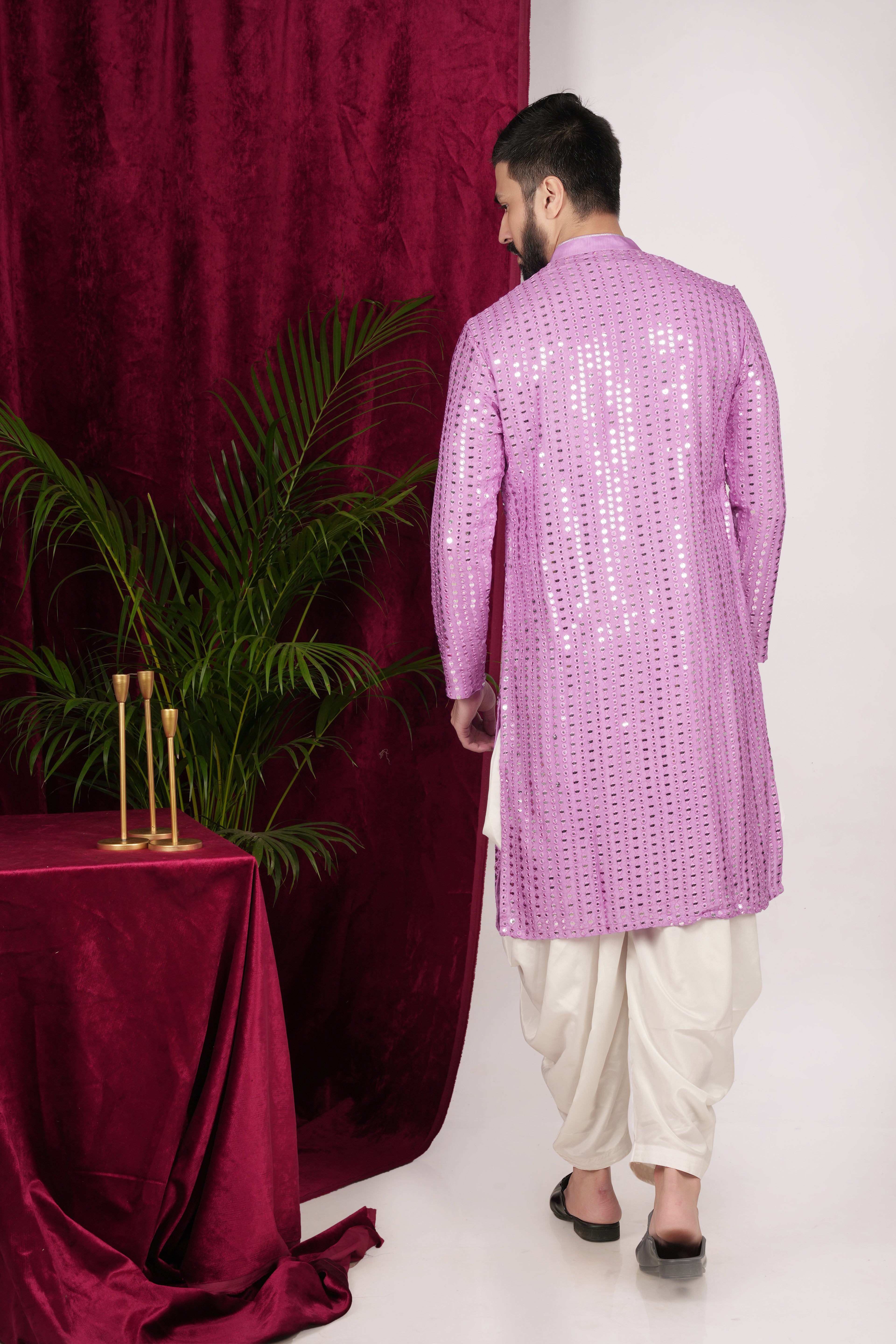 Purple Silk Mirror Embroidered Kurta Set