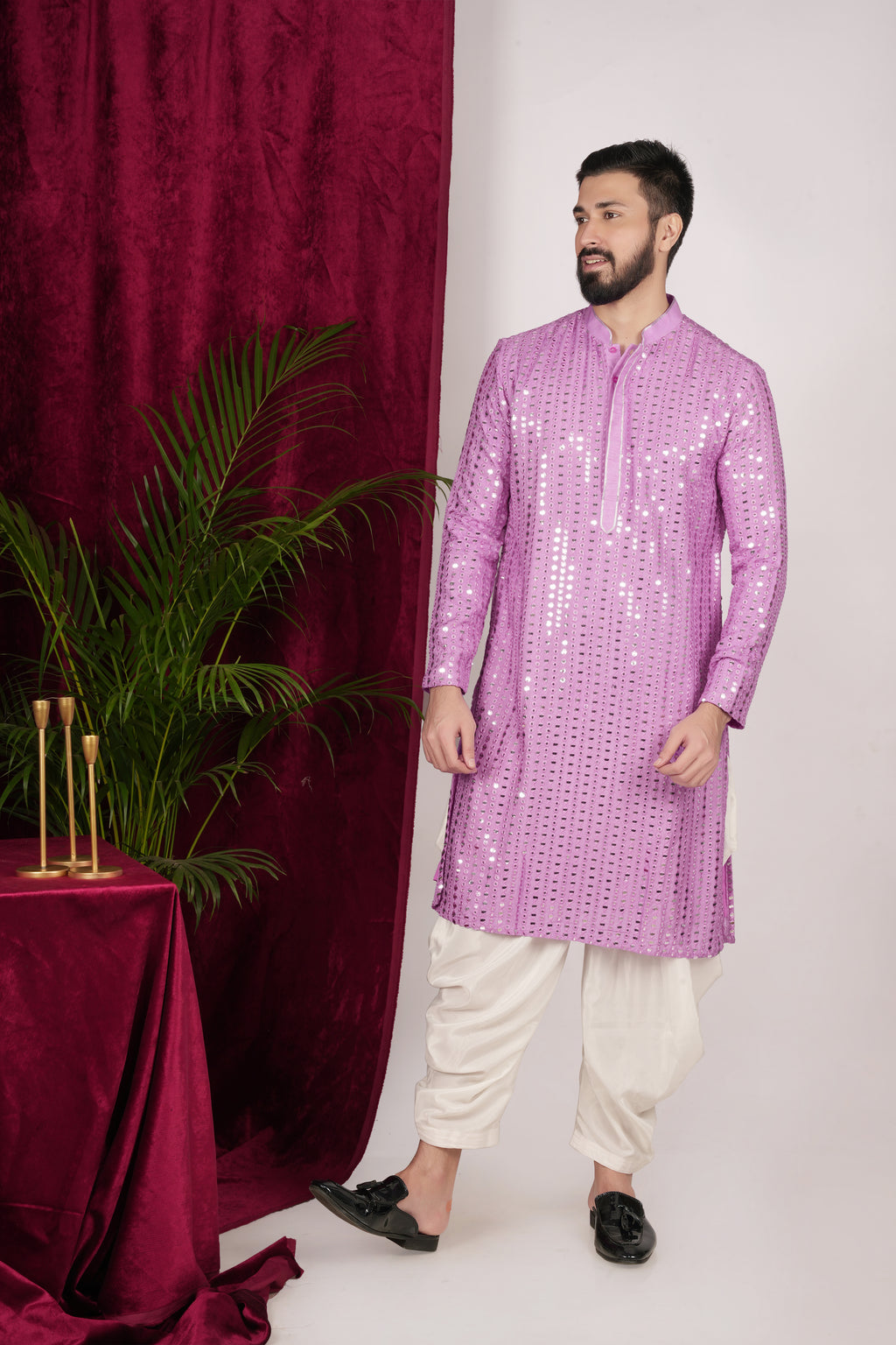Purple Silk Mirror Embroidered Kurta Set