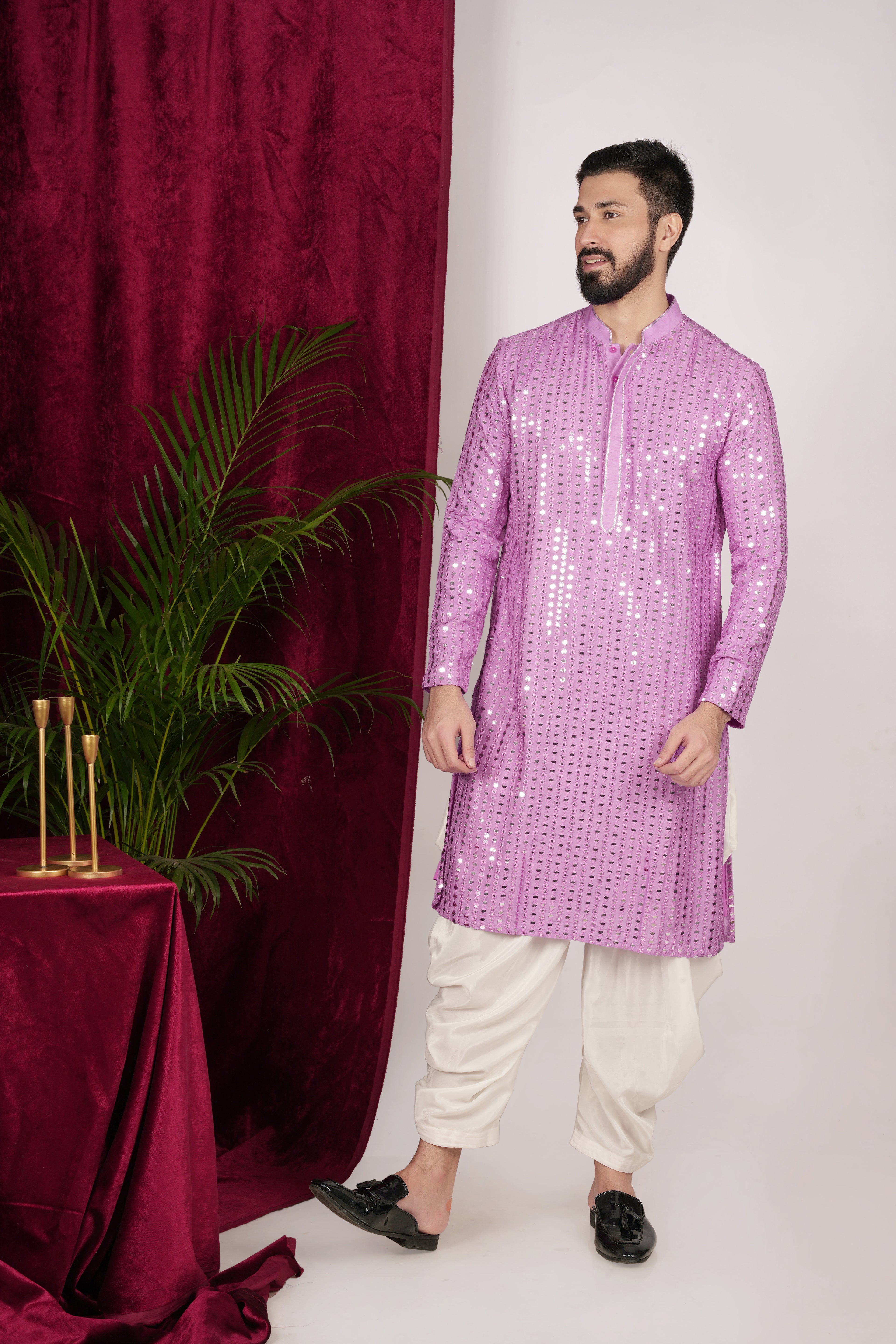 Purple Silk Mirror Embroidered Kurta Set