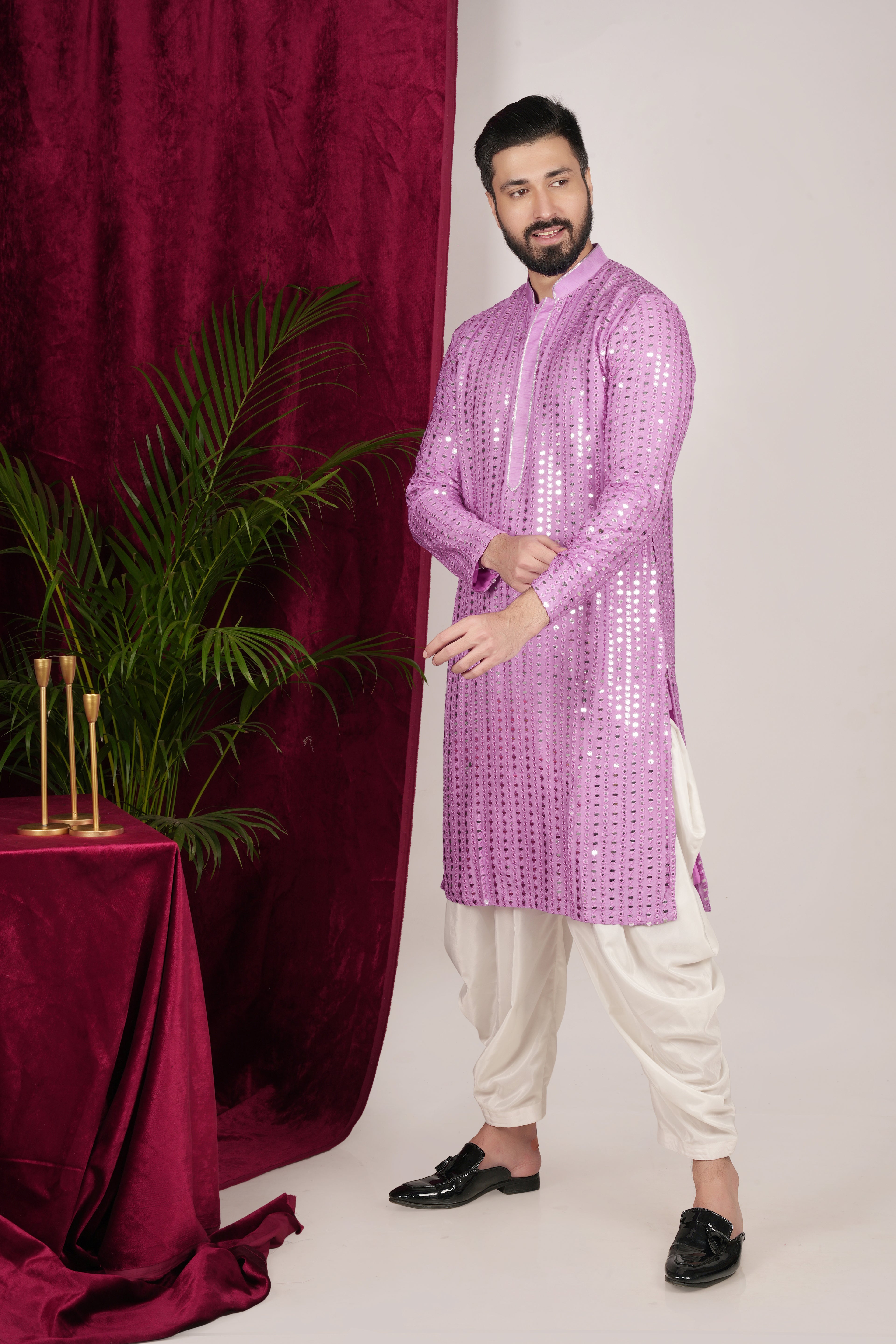 Purple Silk Mirror Embroidered Kurta Set