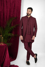 Wine Red Silk Hand Embroidered Indo Western Set