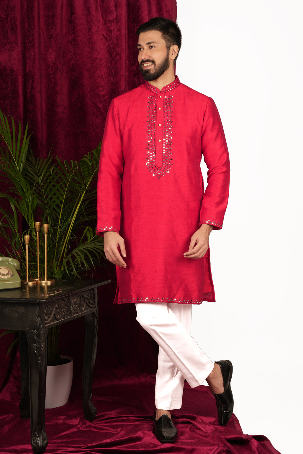 Red Tussar Silk Mirror Hand Embroidered Kurta Set