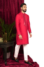 Red Tussar Silk Mirror Hand Embroidered Kurta Set