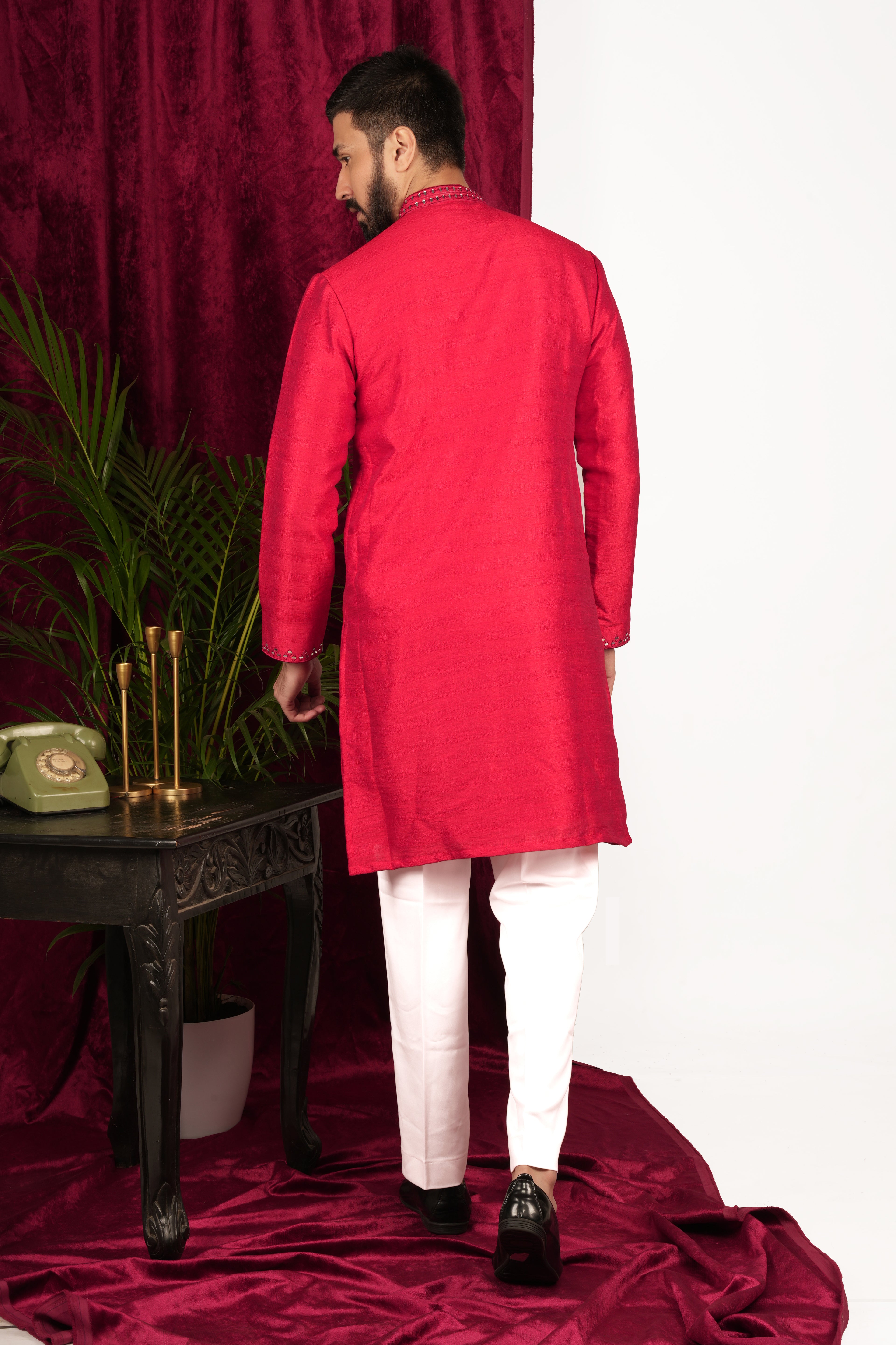 Red Tussar Silk Mirror Hand Embroidered Kurta Set