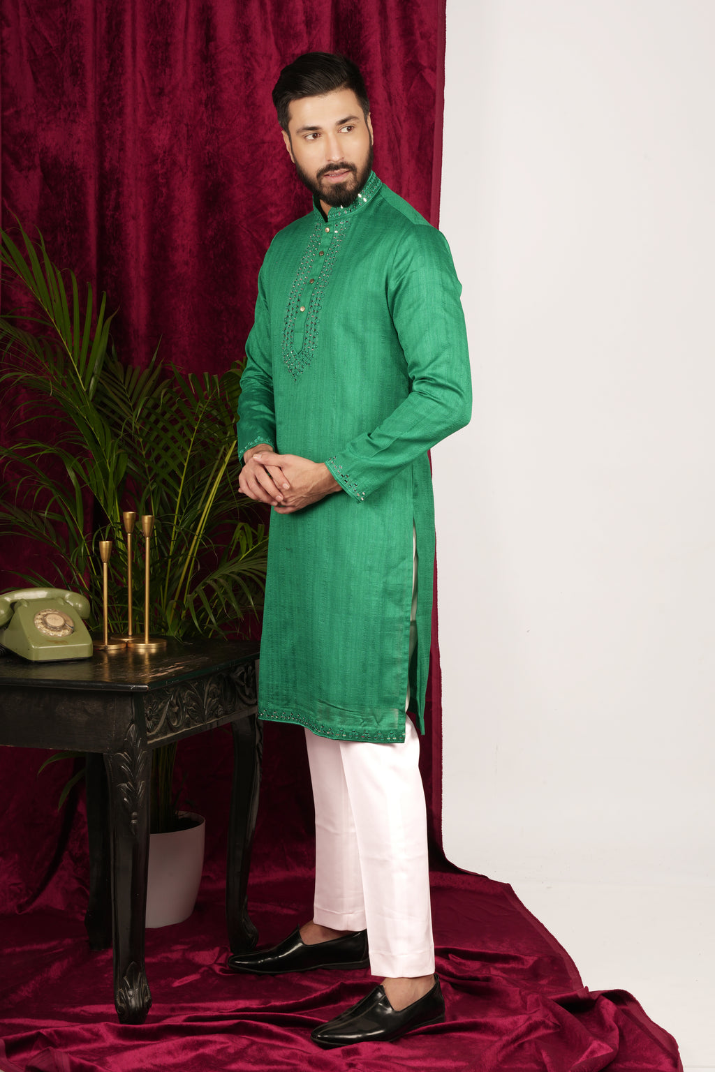 Castle Tone Green Tussar Silk Mirror Hand Embroidered Kurta Set