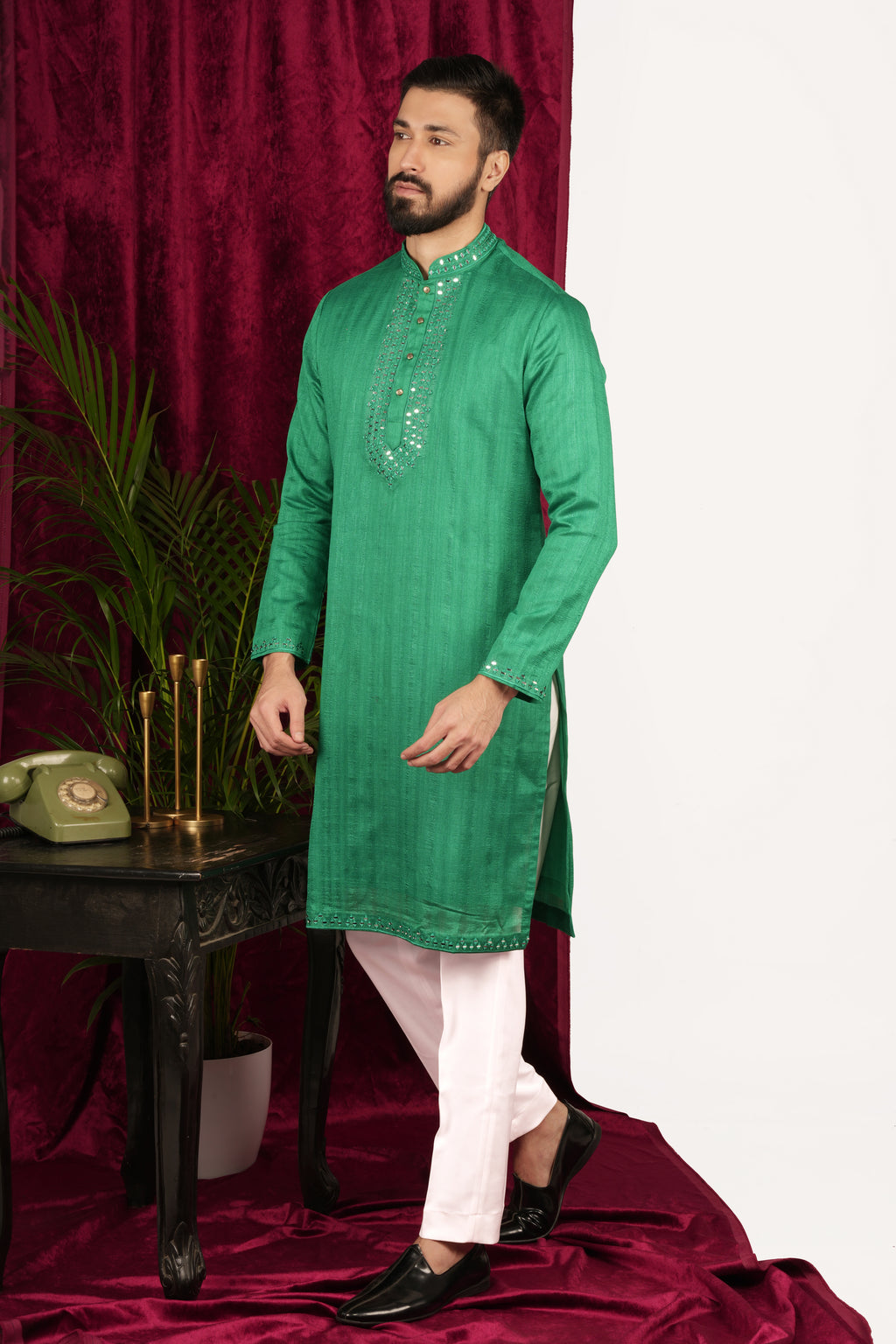 Castle Tone Green Tussar Silk Mirror Hand Embroidered Kurta Set