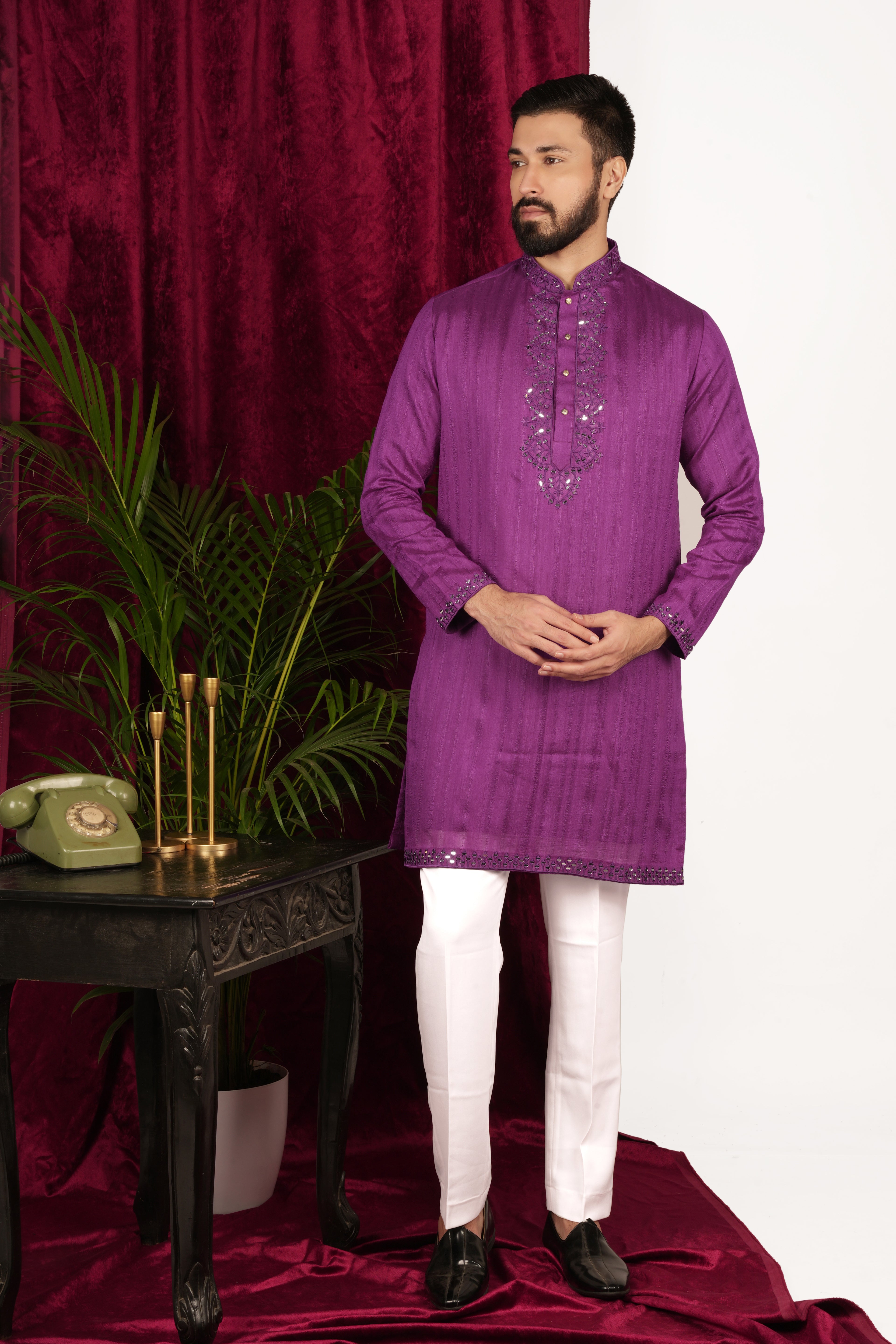 Purple Tussar Silk Mirror Hand Embroidered Kurta Set